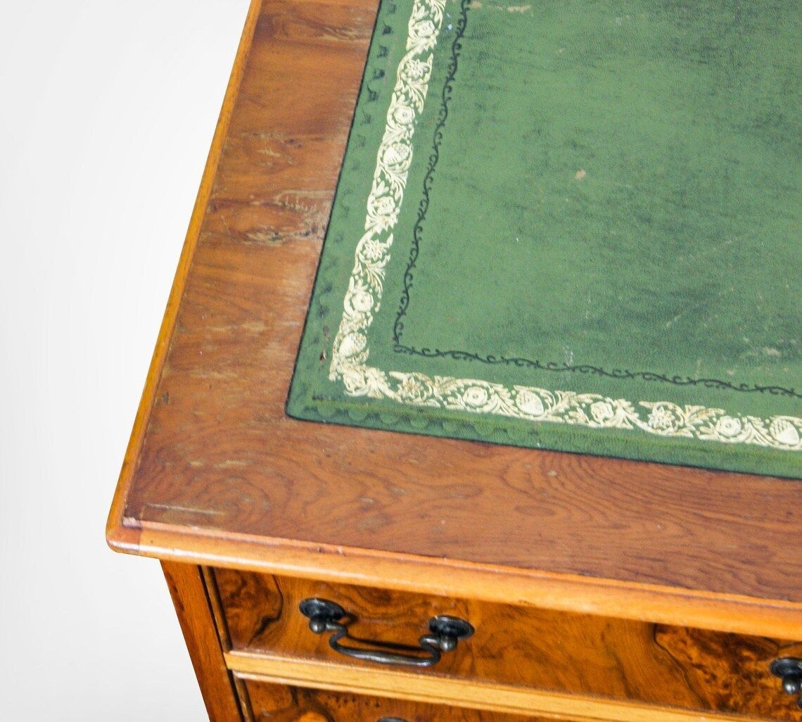Furniture Antique Queen Anne Style Burr Wood Double Pedestal Kneehole Desk With Key photo