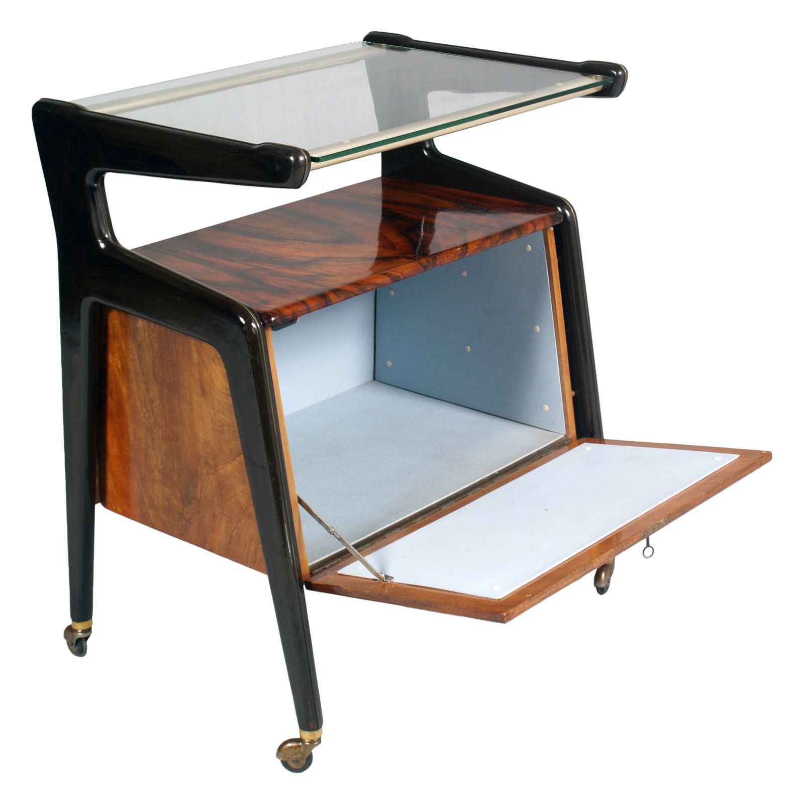 photo furniture Italy 1950s Dry Bar Cart, By Cesare Lacca For Brugnoli Mobili Cantù,  Laquered Walnut & Burl Walnut
