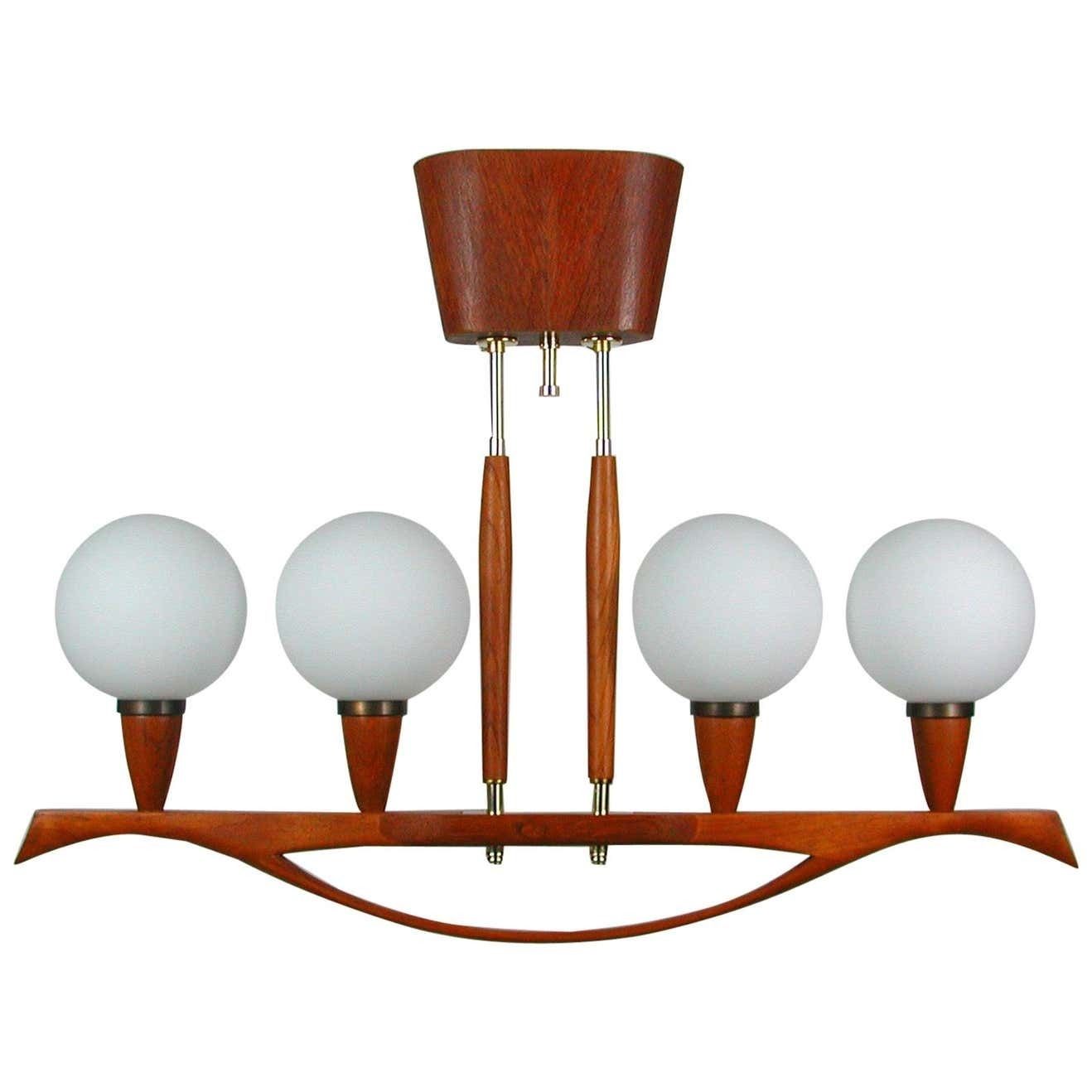 Midcentury Swedish Modern Teak And Satin Glass Chandelier, 1960s