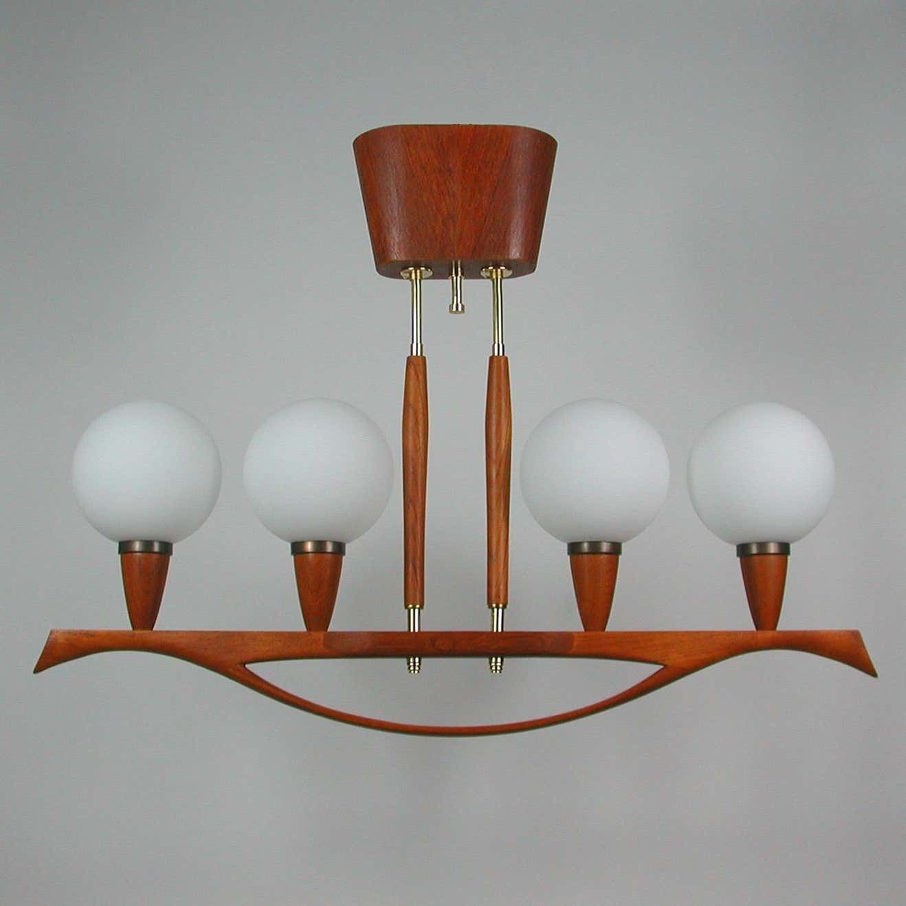 Midcentury Swedish Modern Teak And Satin Glass Chandelier, 1960s photo Lighting