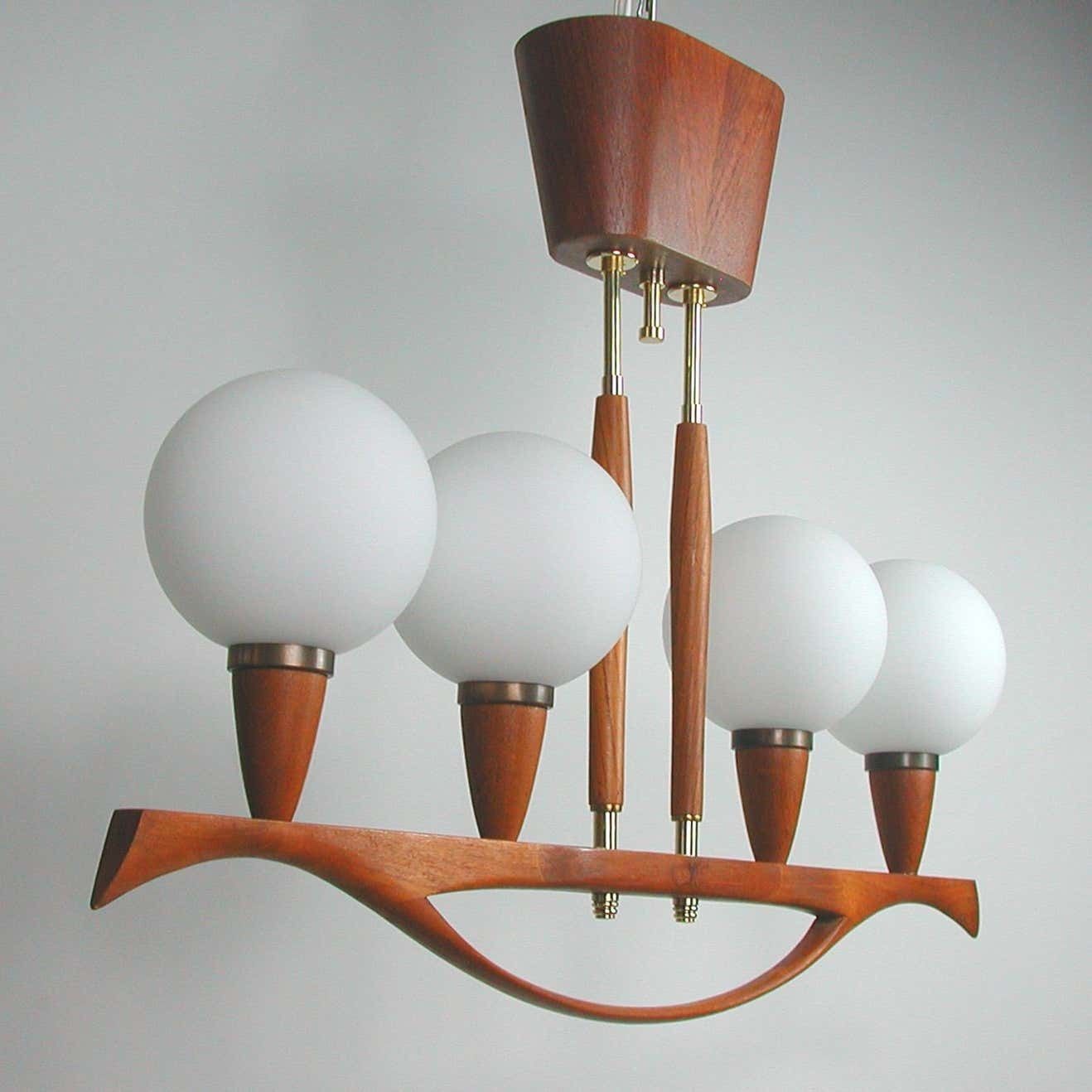photo buy Midcentury Swedish Modern Teak And Satin Glass Chandelier, 1960s