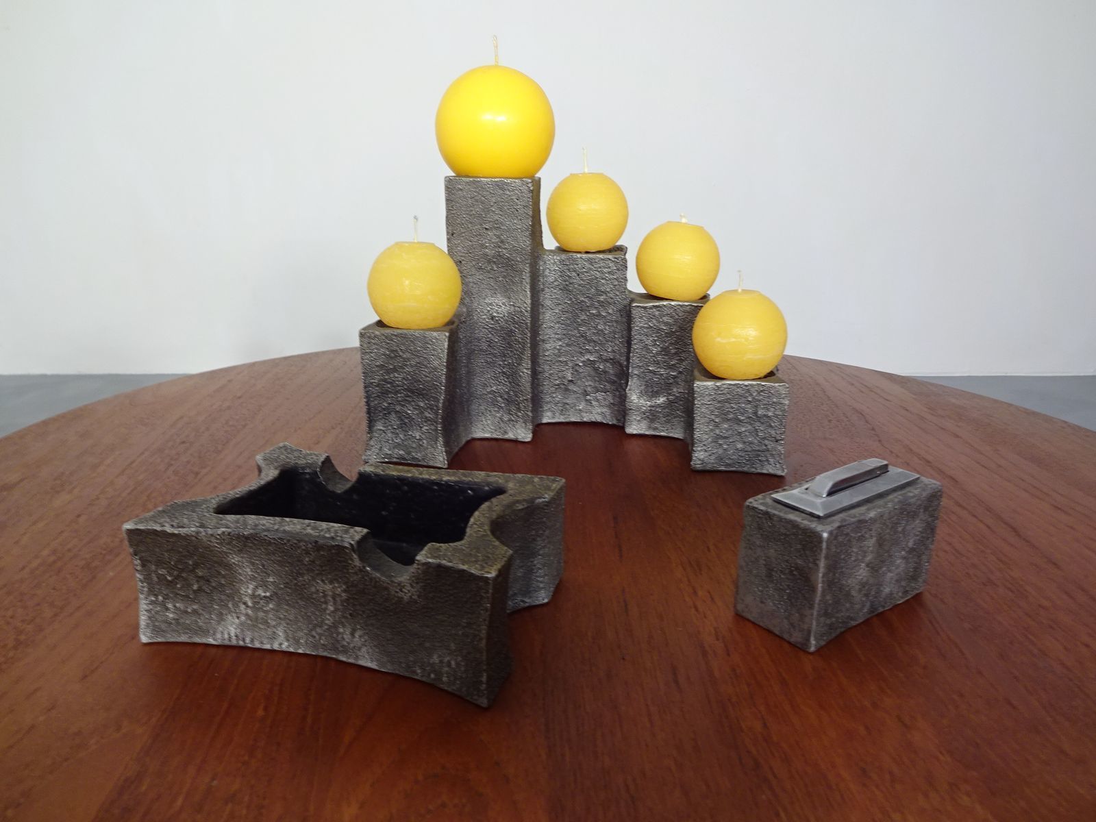 Brutalist Sculptural Iron Candleholder, Ashtray & Lighter, 1960s