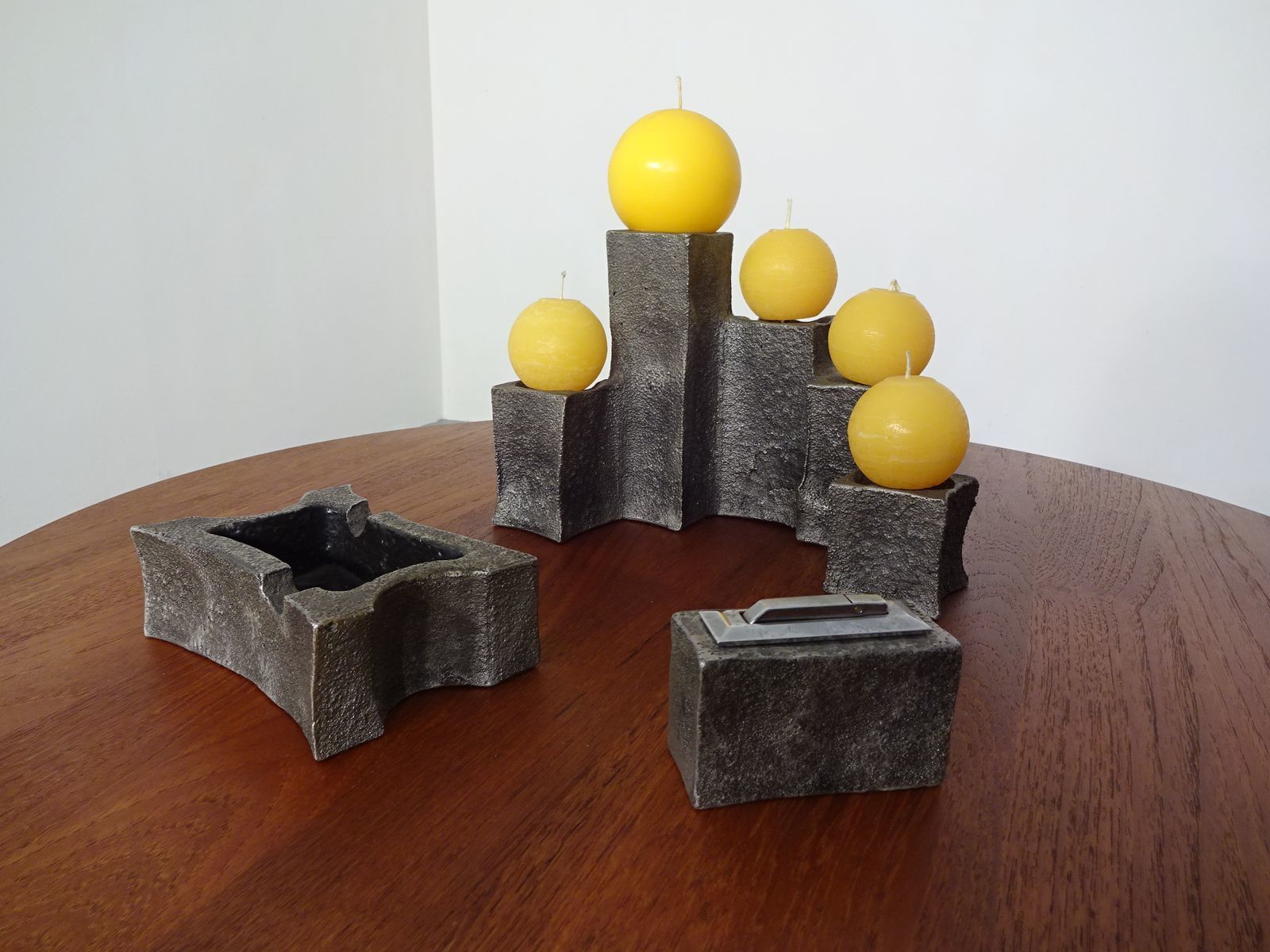 Brutalist Sculptural Iron Candleholder, Ashtray & Lighter, 1960s photo furniture
