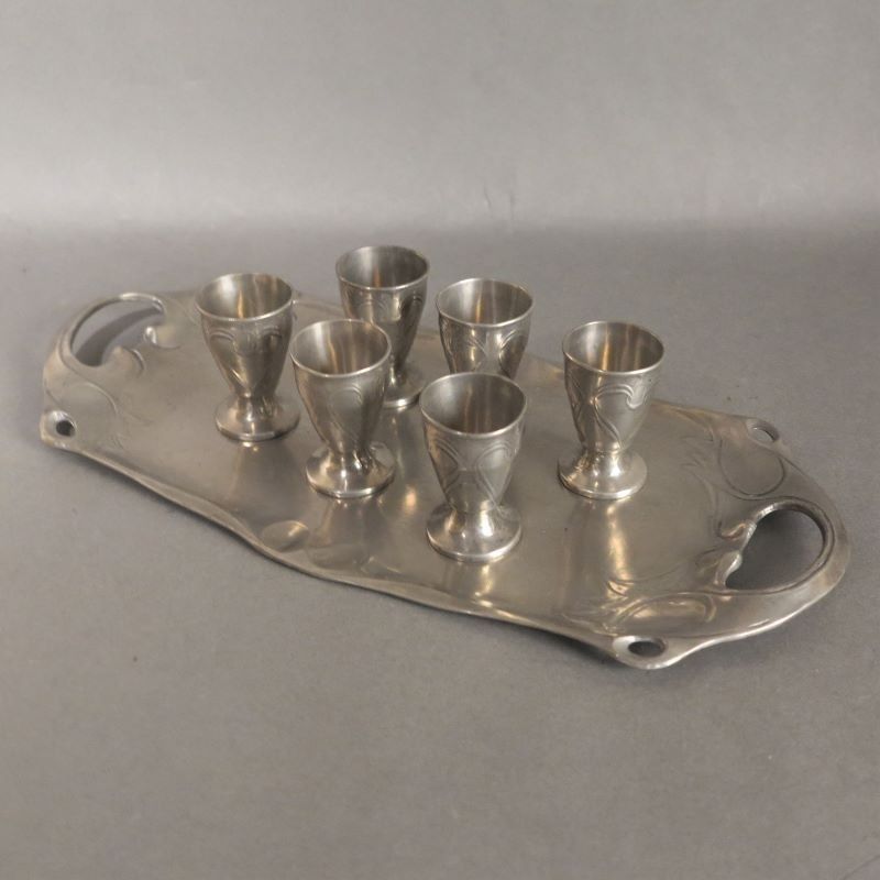 Art Nouveau Tray With Six Tin Liqueur Cups. 1900   1920