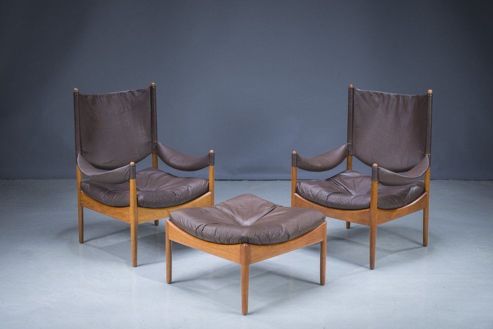 Mid Century Danish Oak & Leather Lounge Chairs & Footstools By Kristian Vedel For Søren Wiladsen, 1960s, Set Of 3