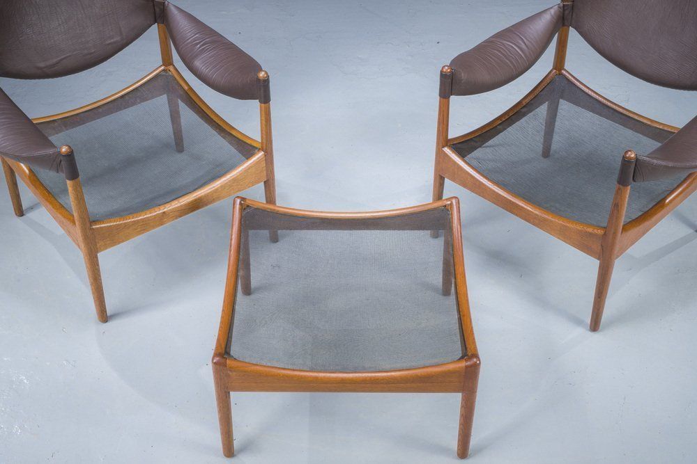 Mid Century Danish Oak & Leather Lounge Chairs & Footstools By Kristian Vedel For Søren Wiladsen, 1960s, Set Of 3 photo 2300.0