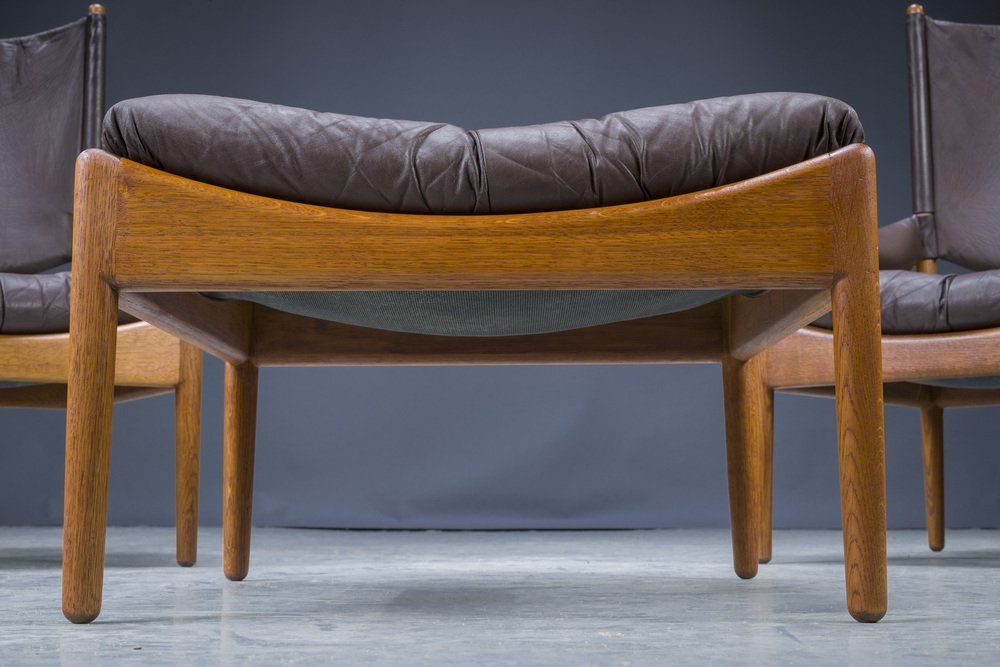Furniture Mid Century Danish Oak & Leather Lounge Chairs & Footstools By Kristian Vedel For Søren Wiladsen, 1960s, Set Of 3 photo