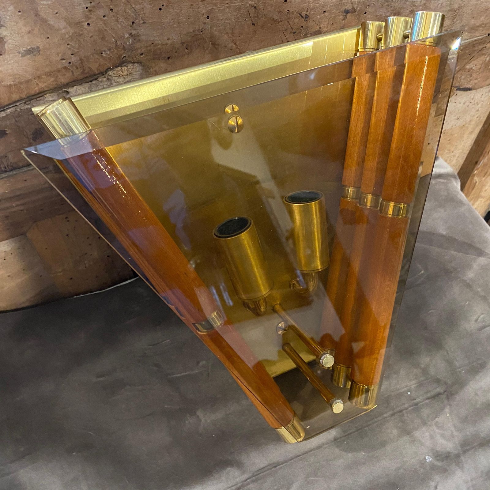 1980s Modernist Glass, Wood And Brass Italian Wall Sconce photo 472.0