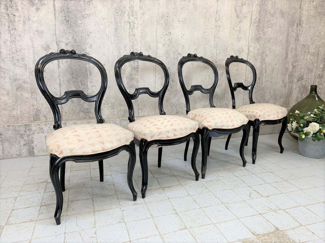 Set Of 4 Of Ebonised Napoleon III Hand Carved Balloon Chairs To Reupholster