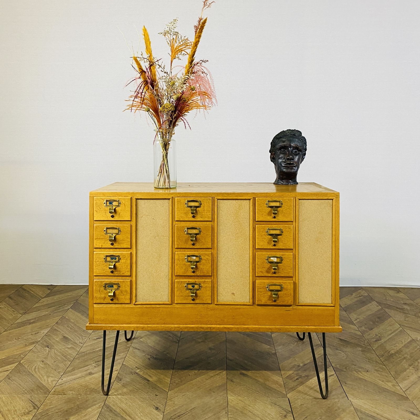 Mid Century Oak 24 Drawer Index Card Filing Cabinet, Double Sided