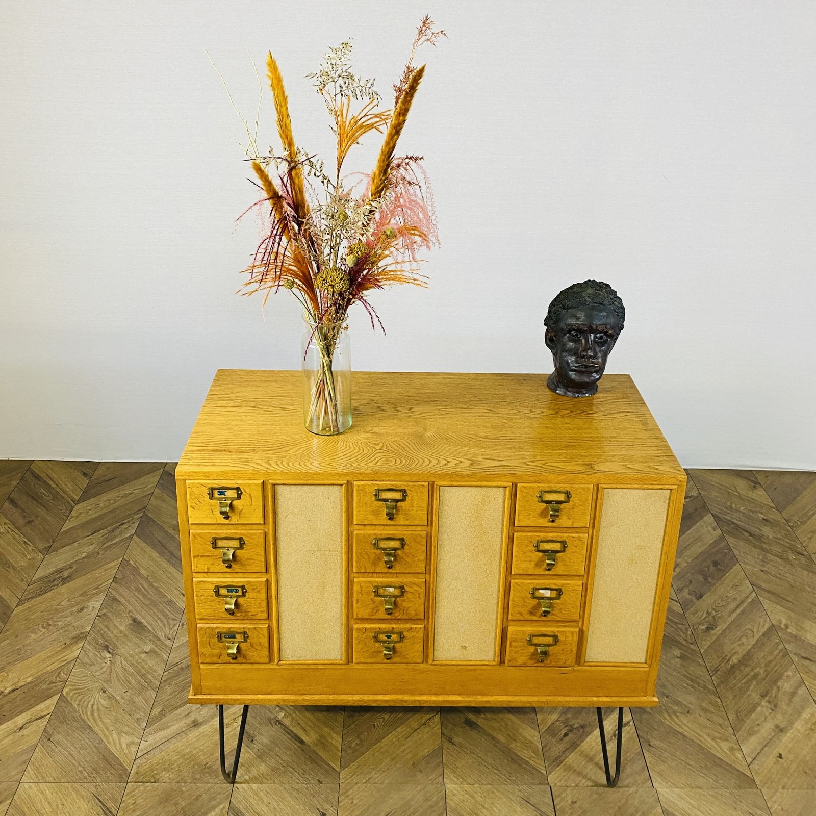 Mid Century Oak 24 Drawer Index Card Filing Cabinet, Double Sided photo vinterior