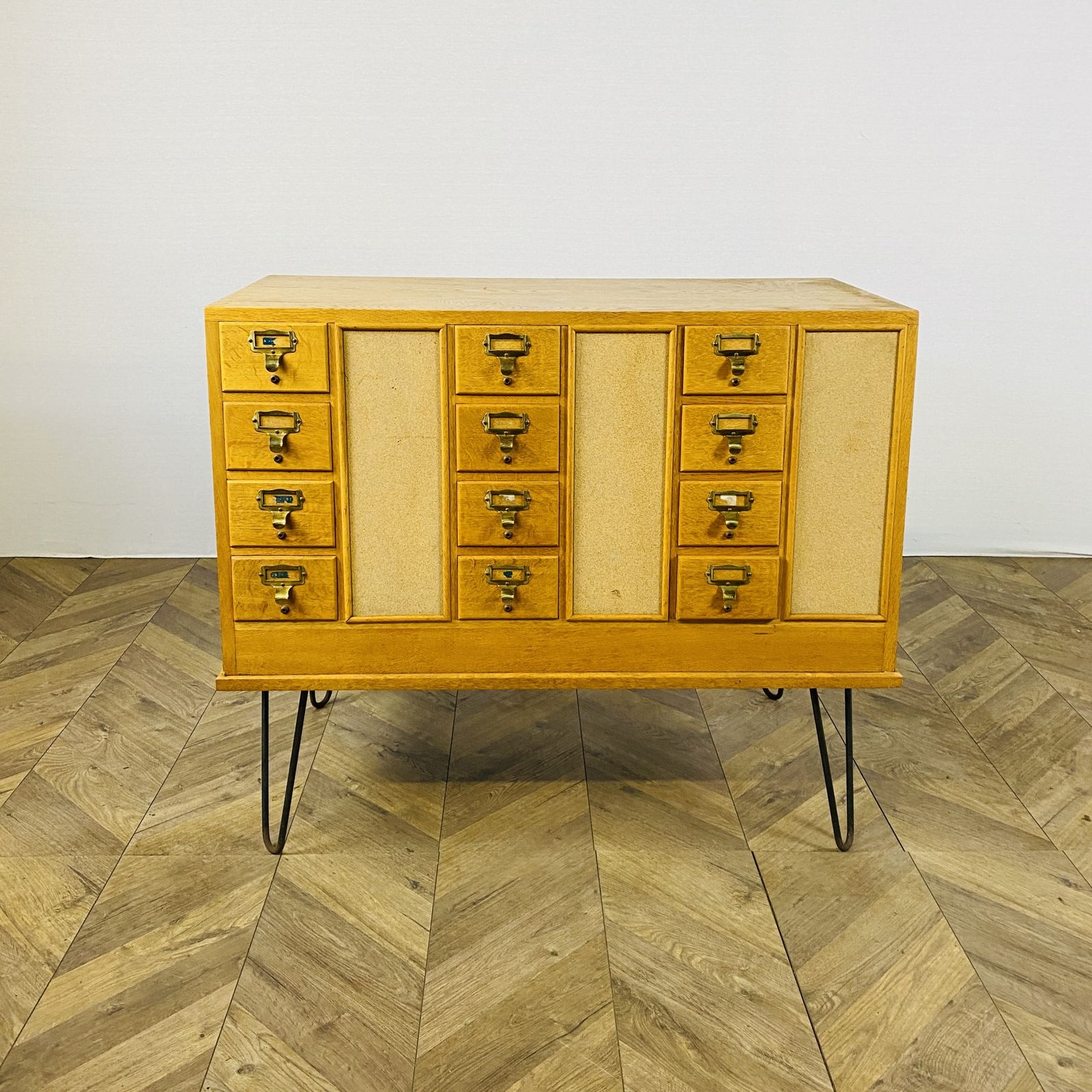 795.0 Mid Century Oak 24 Drawer Index Card Filing Cabinet, Double Sided photo
