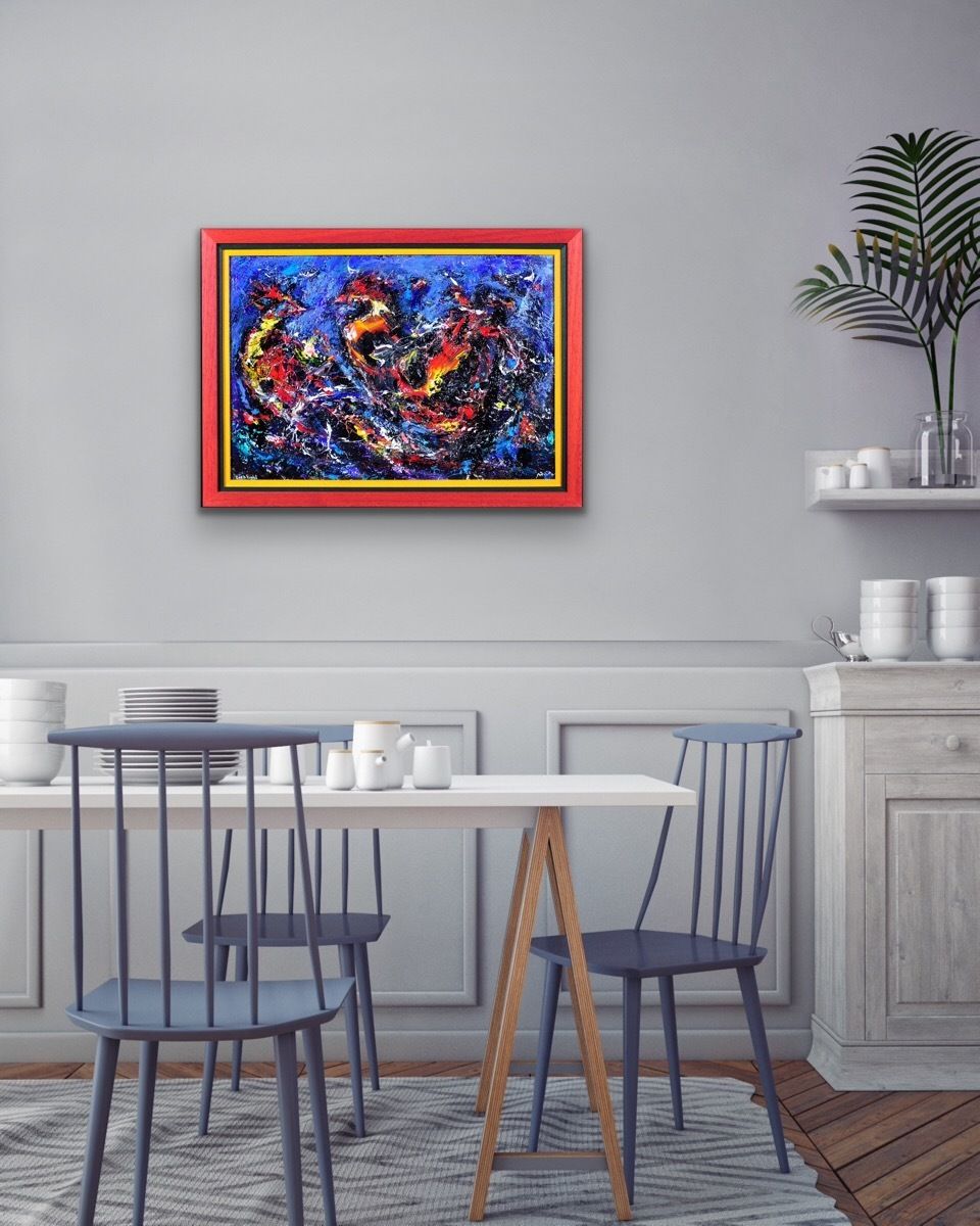 photo vinterior David Wilde 1913 To 1974. English. Cock Fight. Acrylics. Framed. Two Fighting Birds. A Riot Of Aggression, Masculinity & Feathers. Mid Century Modern