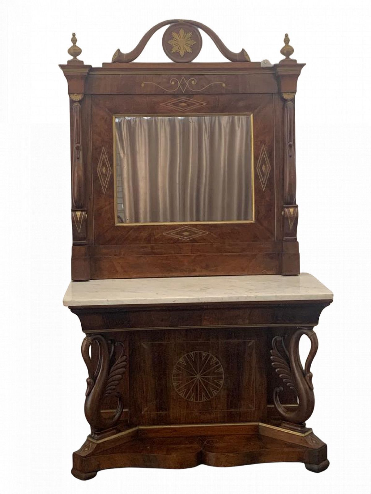 Console With Mirror In Walnut With Brass Inlays And Details, 18th Century