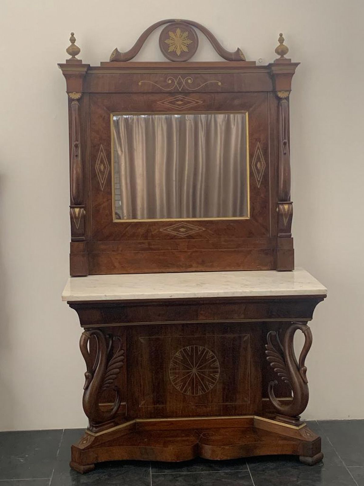 Console With Mirror In Walnut With Brass Inlays And Details, 18th Century photo furniture
