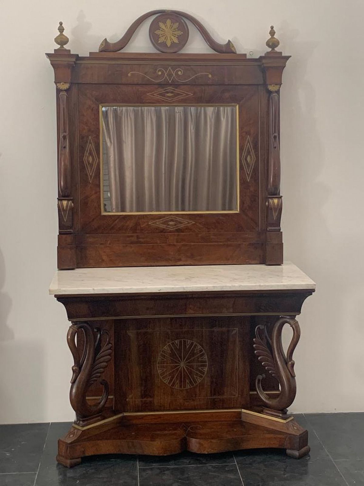 Console With Mirror In Walnut With Brass Inlays And Details, 18th Century photo for sale