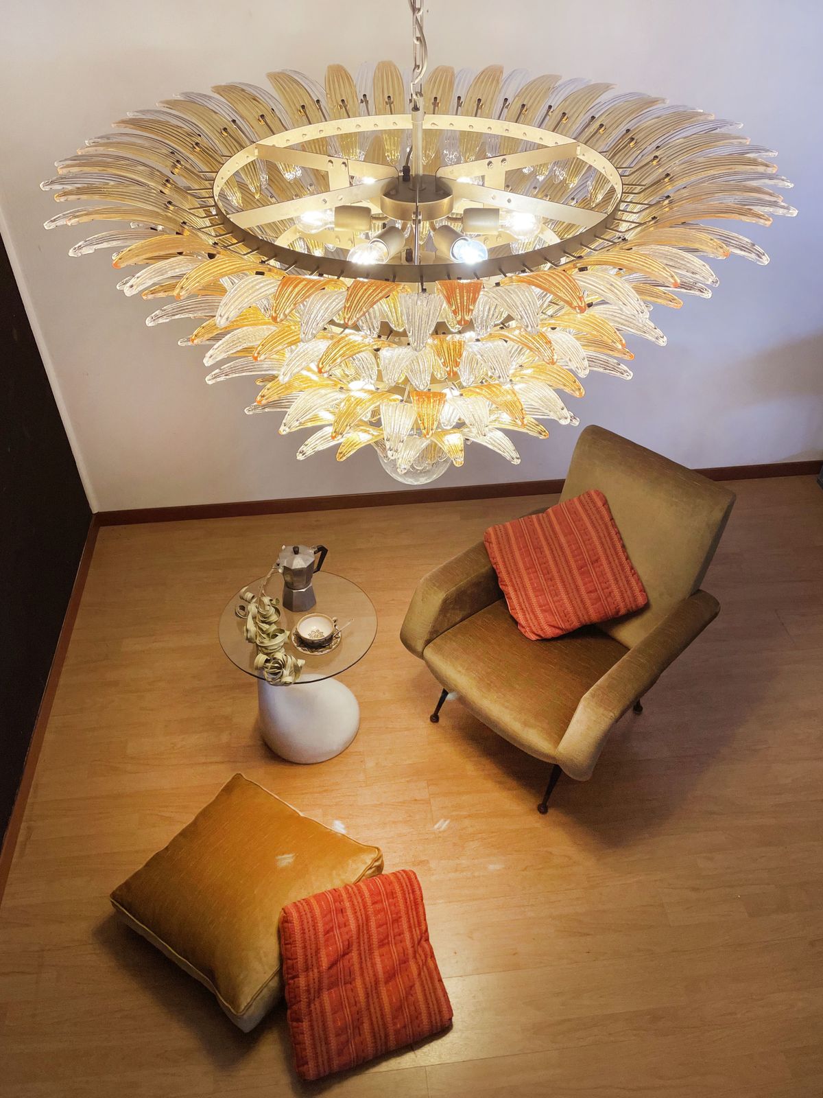 Palmette Ceiling Light   Four Levels, 163 Amber And Trasparent Glasses photo vintage