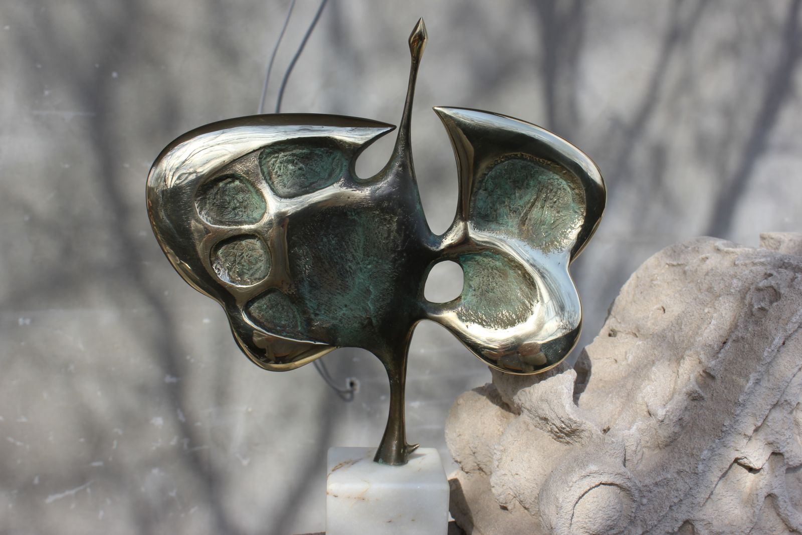 Bronze Bird Abstract Statue Signed Mid Figurine Original Sculpture Wedding Couple Gift 50s Anniversary Gift 40s photo furniture