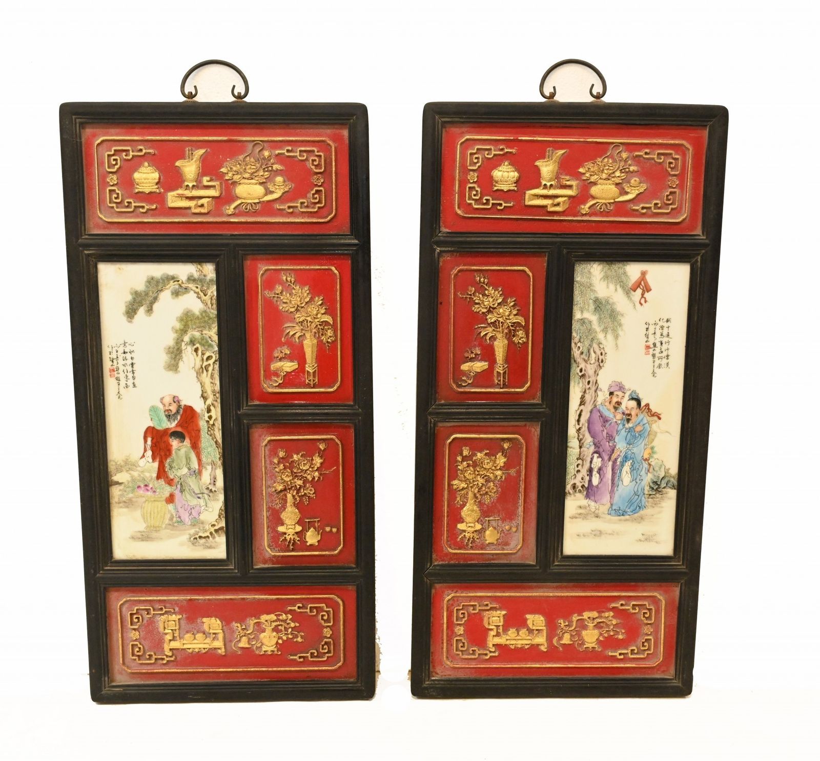 Pair Chinese Porcelain Plaques   Qianlong Hardwood Screen photo furniture