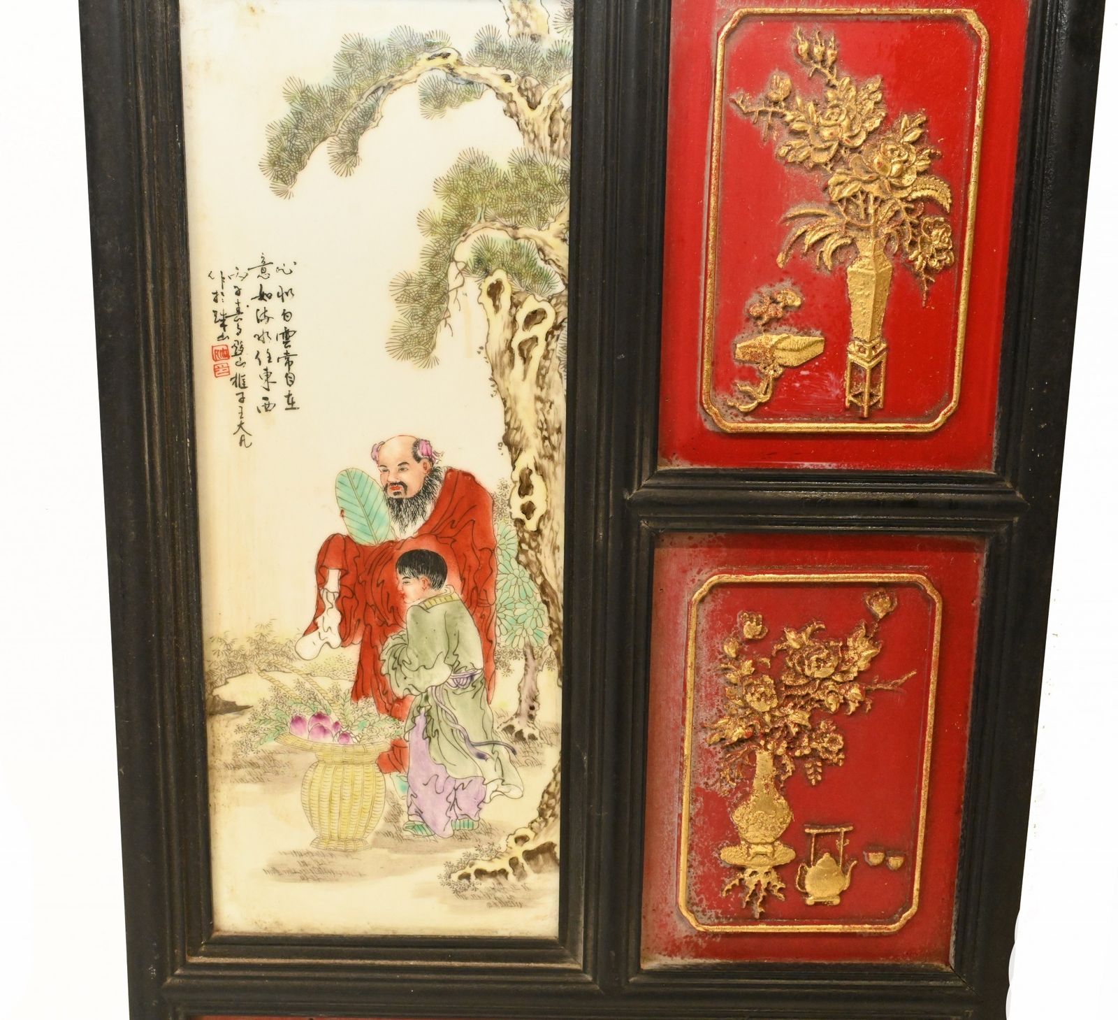 Pair Chinese Porcelain Plaques   Qianlong Hardwood Screen photo 795.0