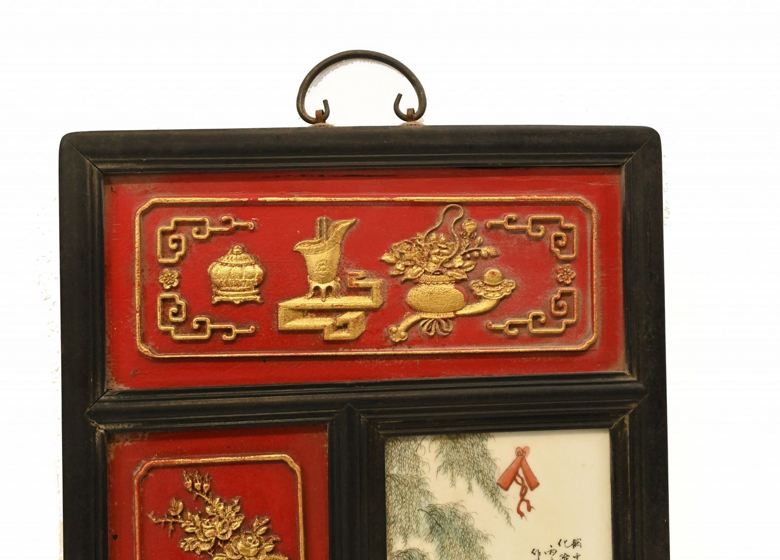 photo for sale Pair Chinese Porcelain Plaques   Qianlong Hardwood Screen