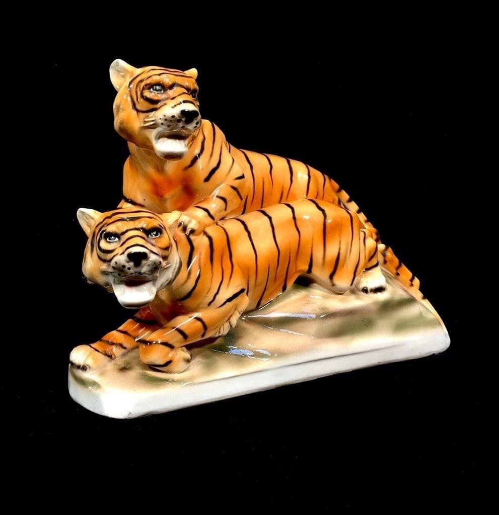 Antique German Sitzendorf Porcelain Tiger Figurine Statue Art Deco C1920 photo furniture