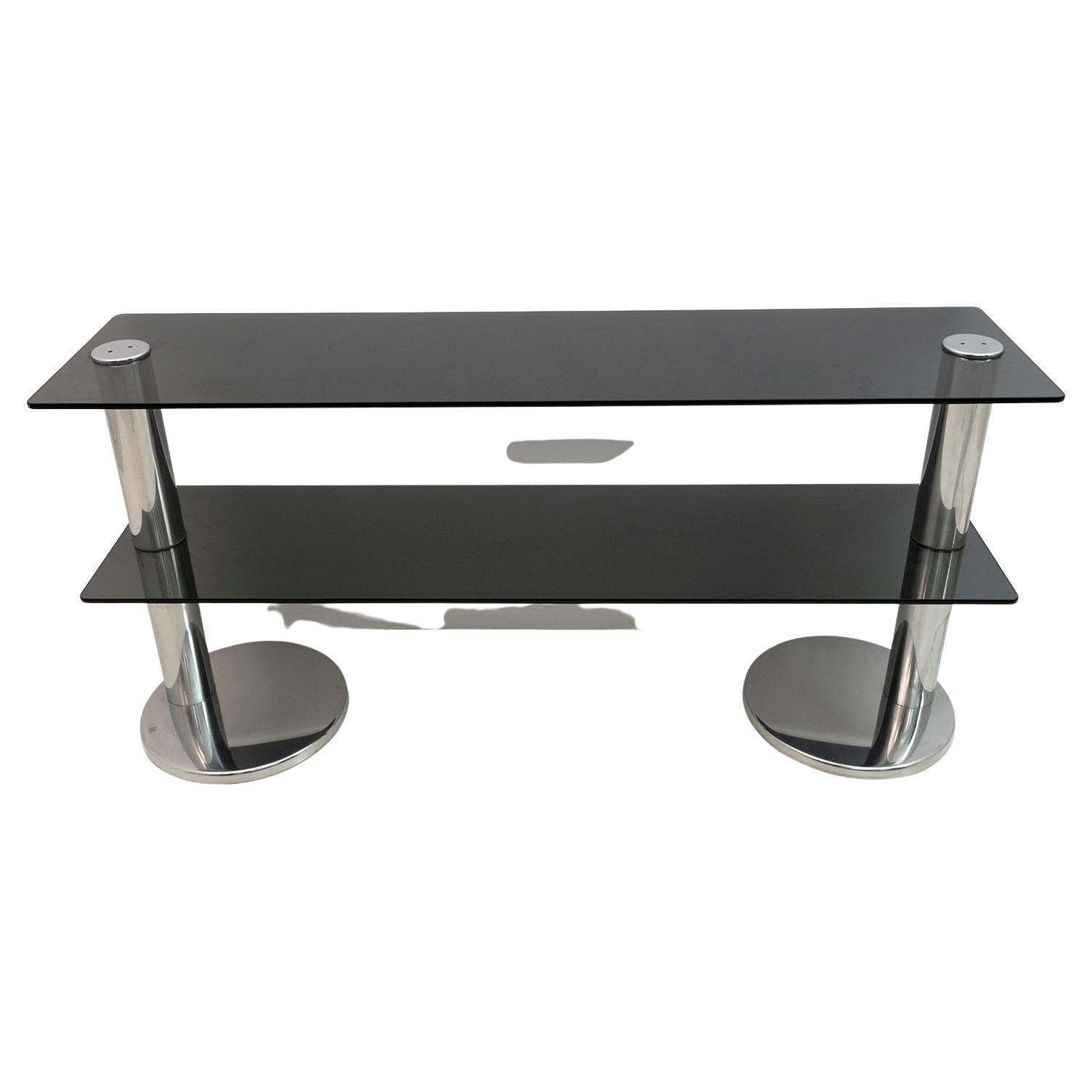 Mid Century Modern Italian Chromed Steel And Smoked Glass Console, 1970s