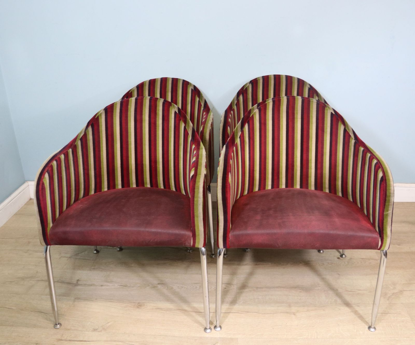 A Lovely Set Of 4 Vintage Striped Upholstery And Chrome Framed Bow Back Tub Chairs photo for sale