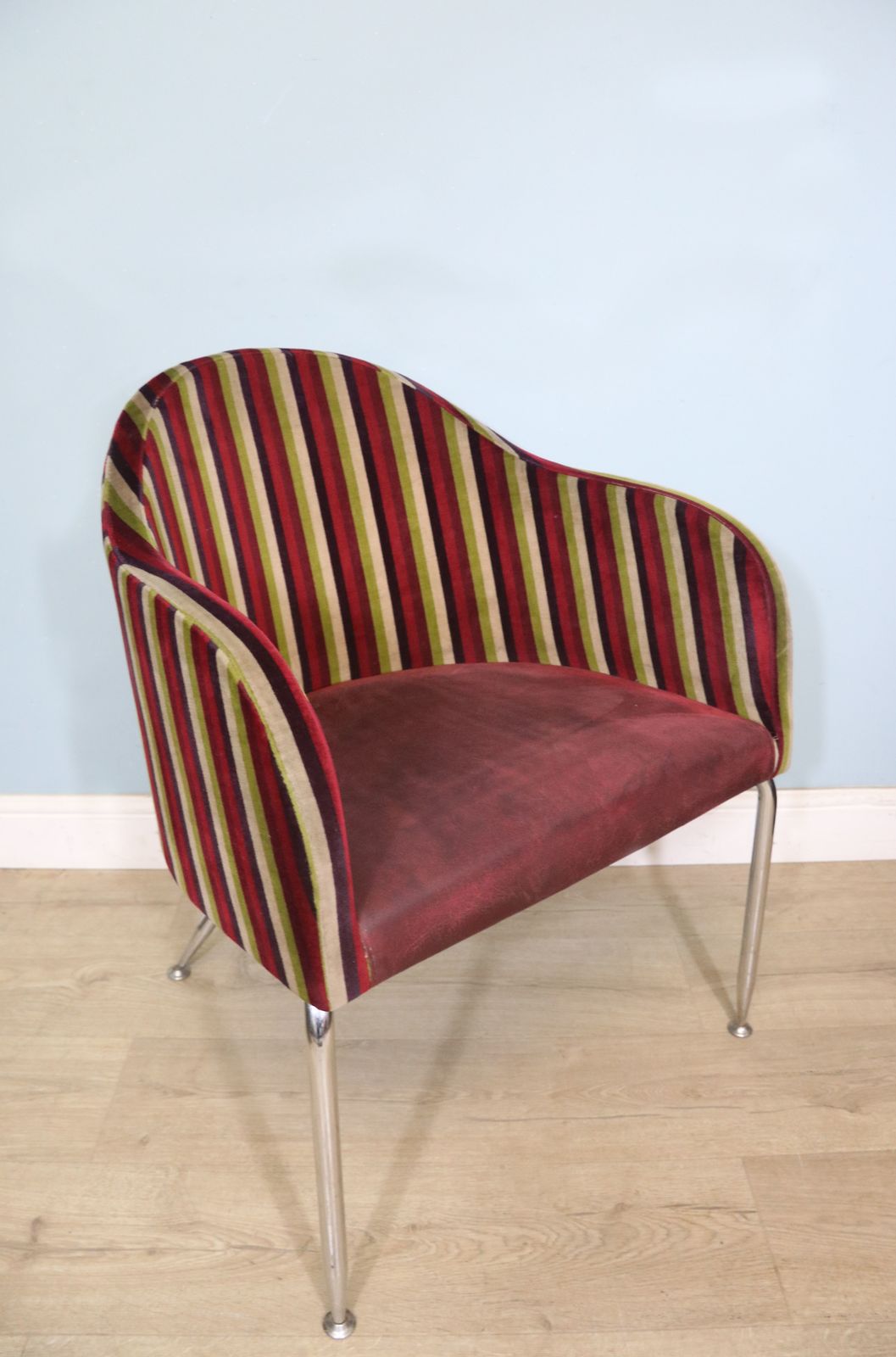 photo for sale A Lovely Set Of 4 Vintage Striped Upholstery And Chrome Framed Bow Back Tub Chairs