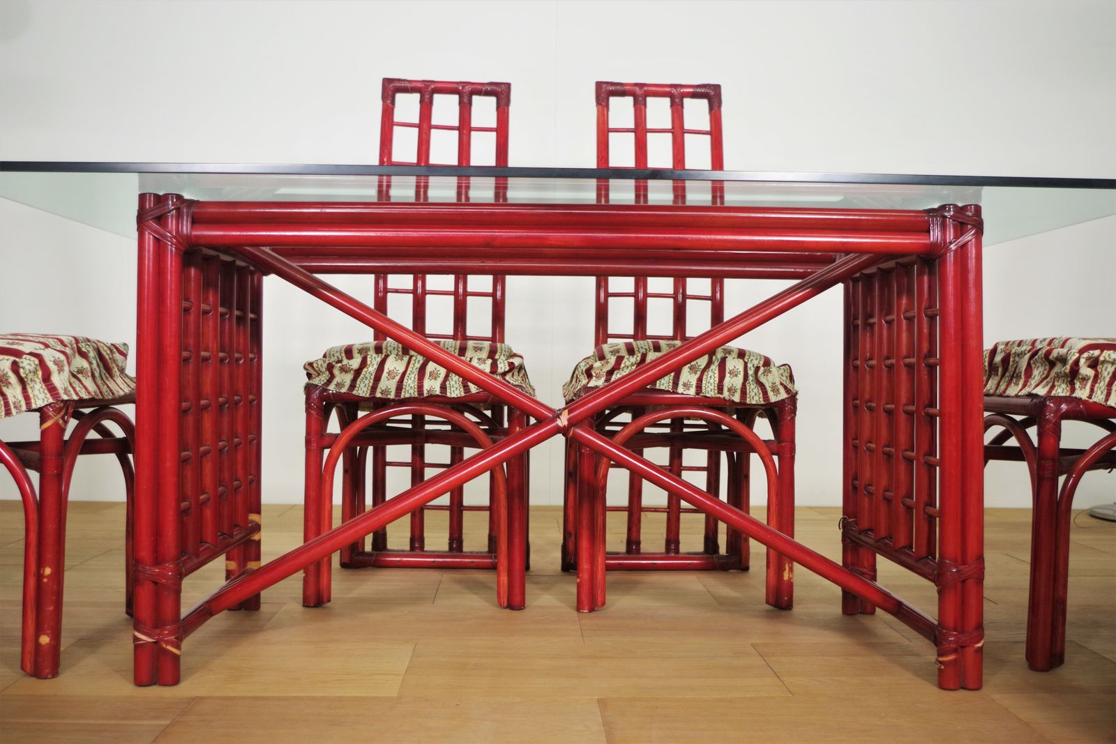 photo for sale Red Bamboo Table And Chairs Set By Arturo Pozzoli, 80s