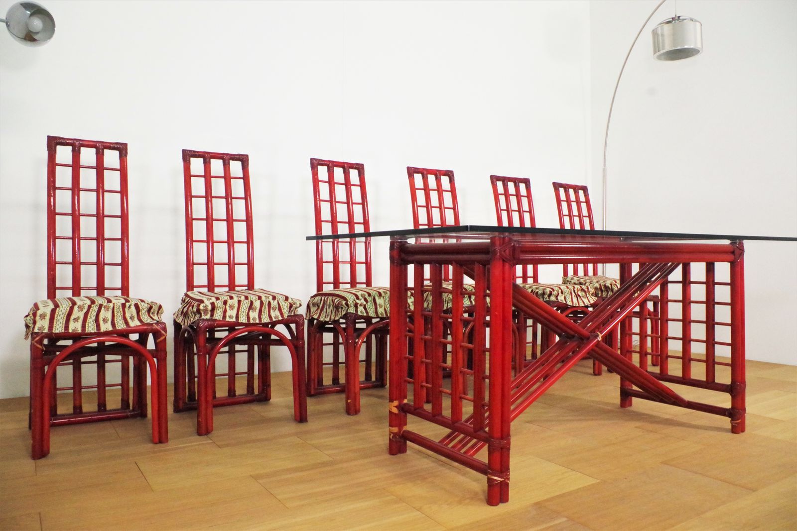 Furniture Red Bamboo Table And Chairs Set By Arturo Pozzoli, 80s photo