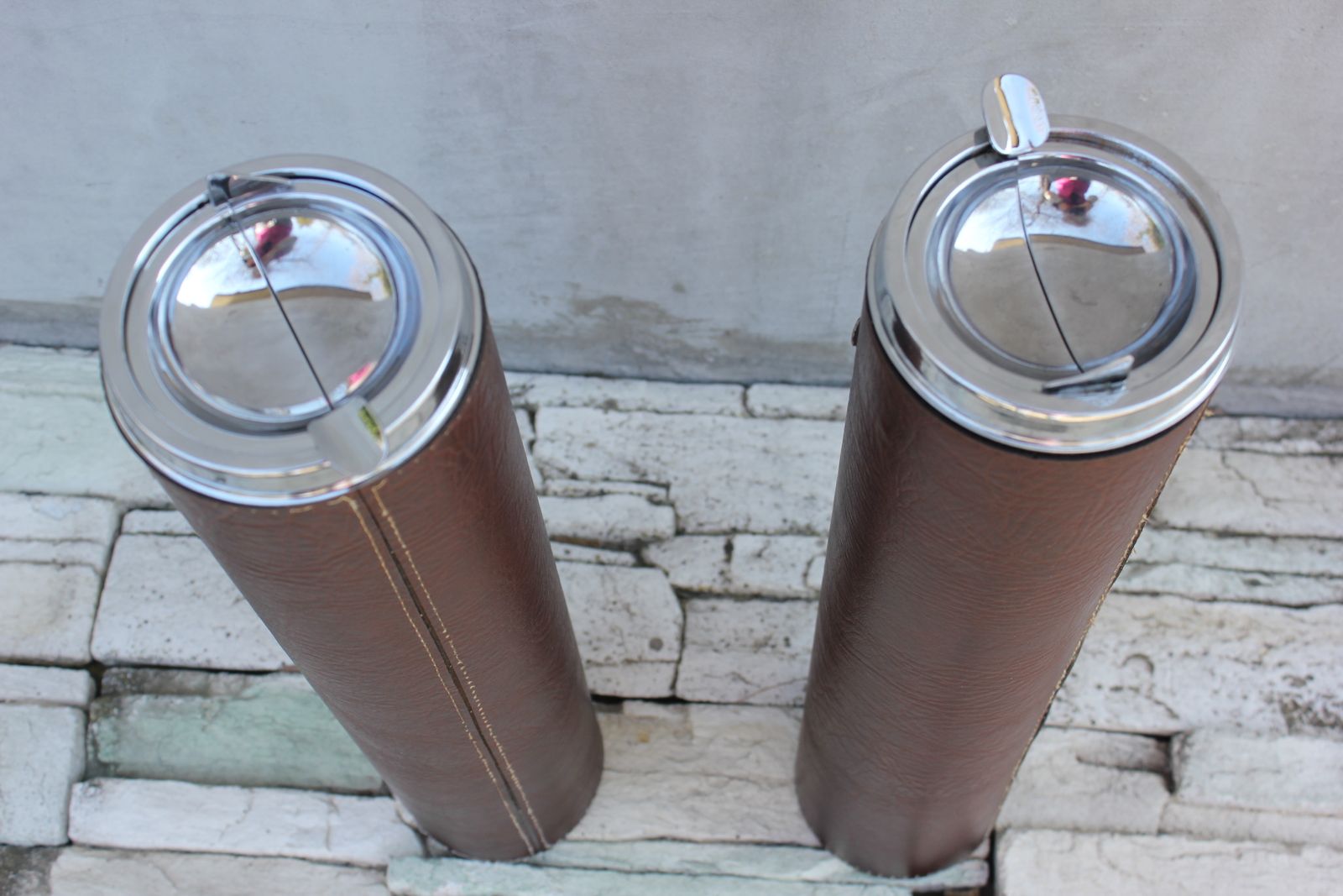 Set Of Floor Ashtrays Brown Leather And Brass Mid Century Standing Portable Pair photo for sale