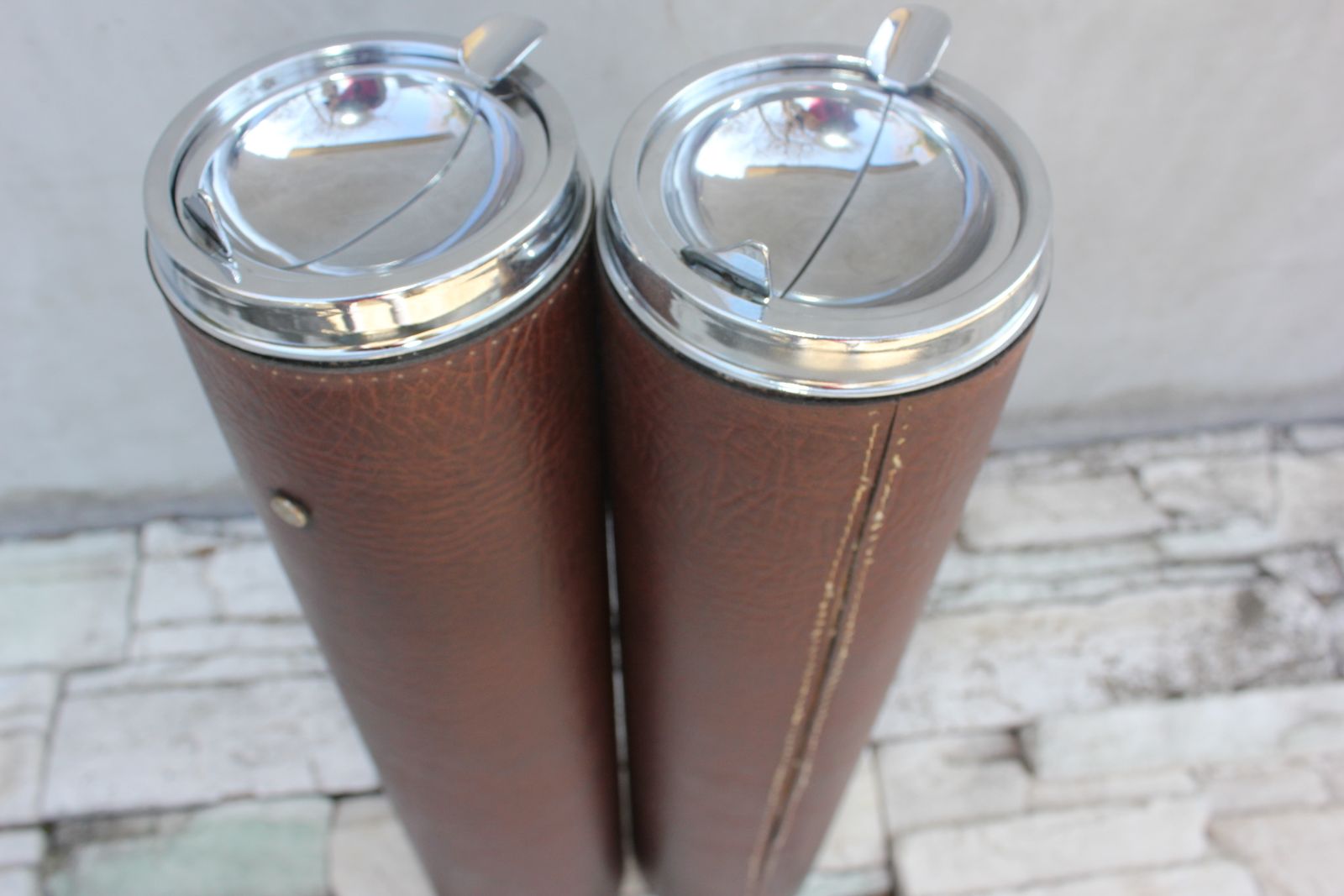 Set Of Floor Ashtrays Brown Leather And Brass Mid Century Standing Portable Pair