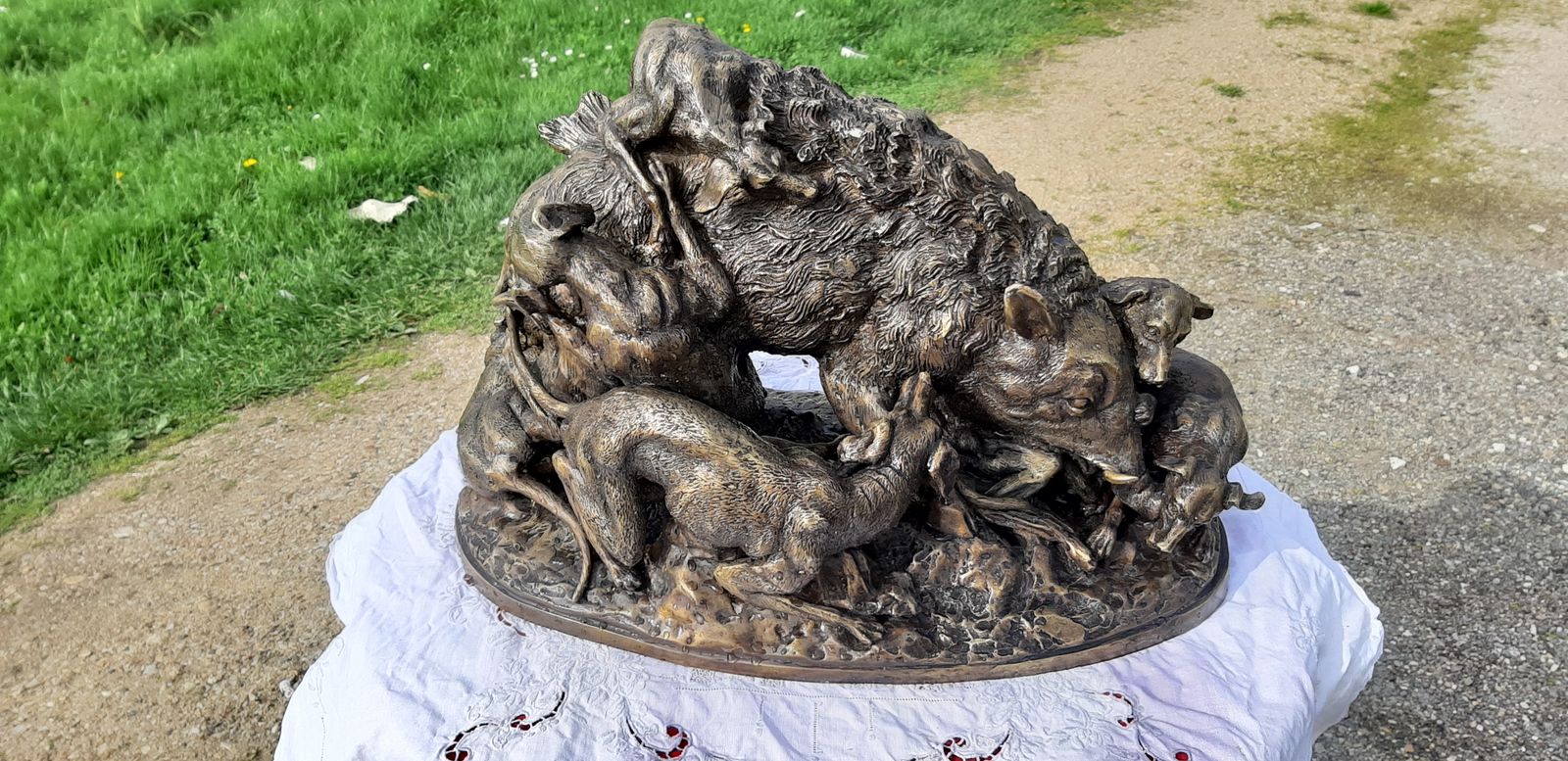 19th Century Bronze, Boar And 6 Dogs,