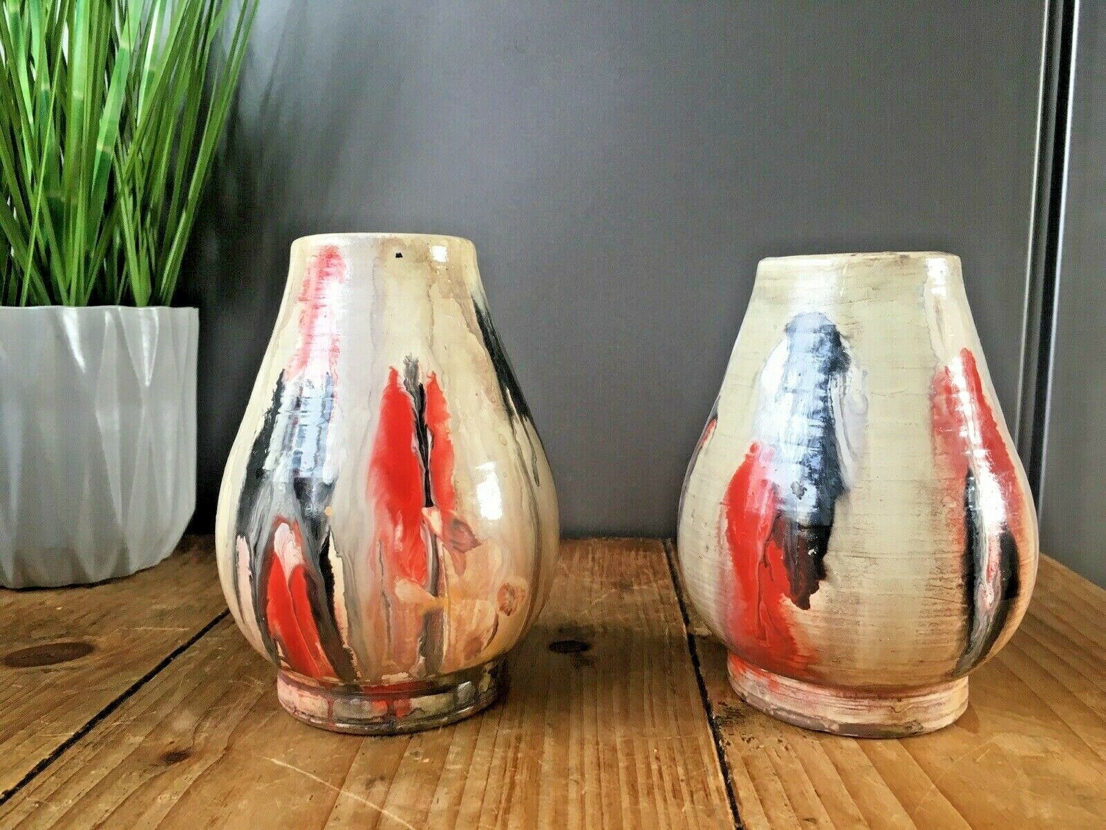 Pair Of Vintage European Drip Glaze Studio Art Pottery Mantel Vases 60's 70's