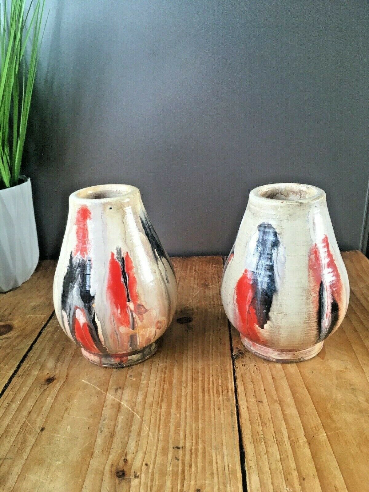 Pair Of Vintage European Drip Glaze Studio Art Pottery Mantel Vases 60's 70's photo furniture