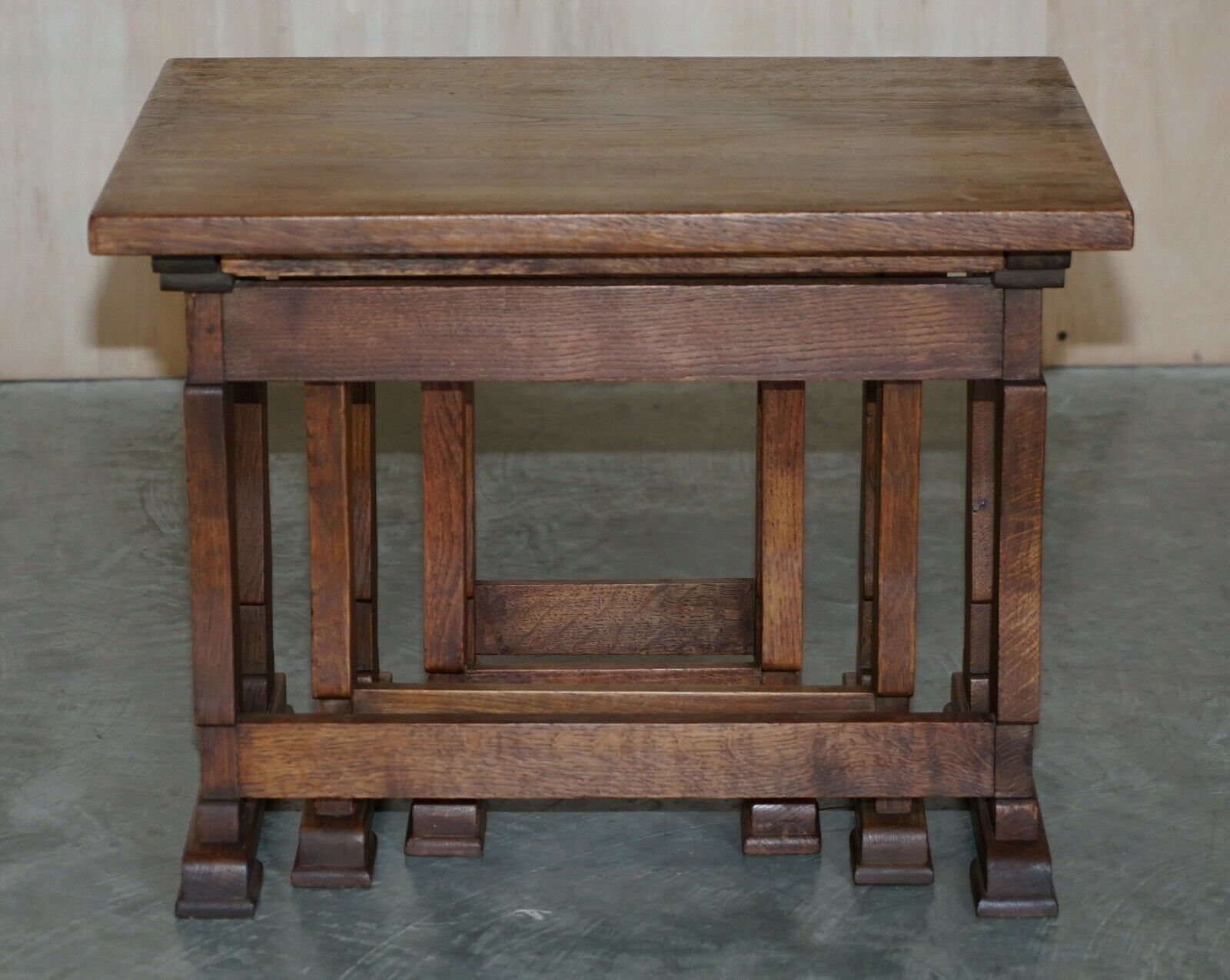 Solid English Oak Nest Of Three Large Side End Lamp Wine Occasional Tables photo vintage