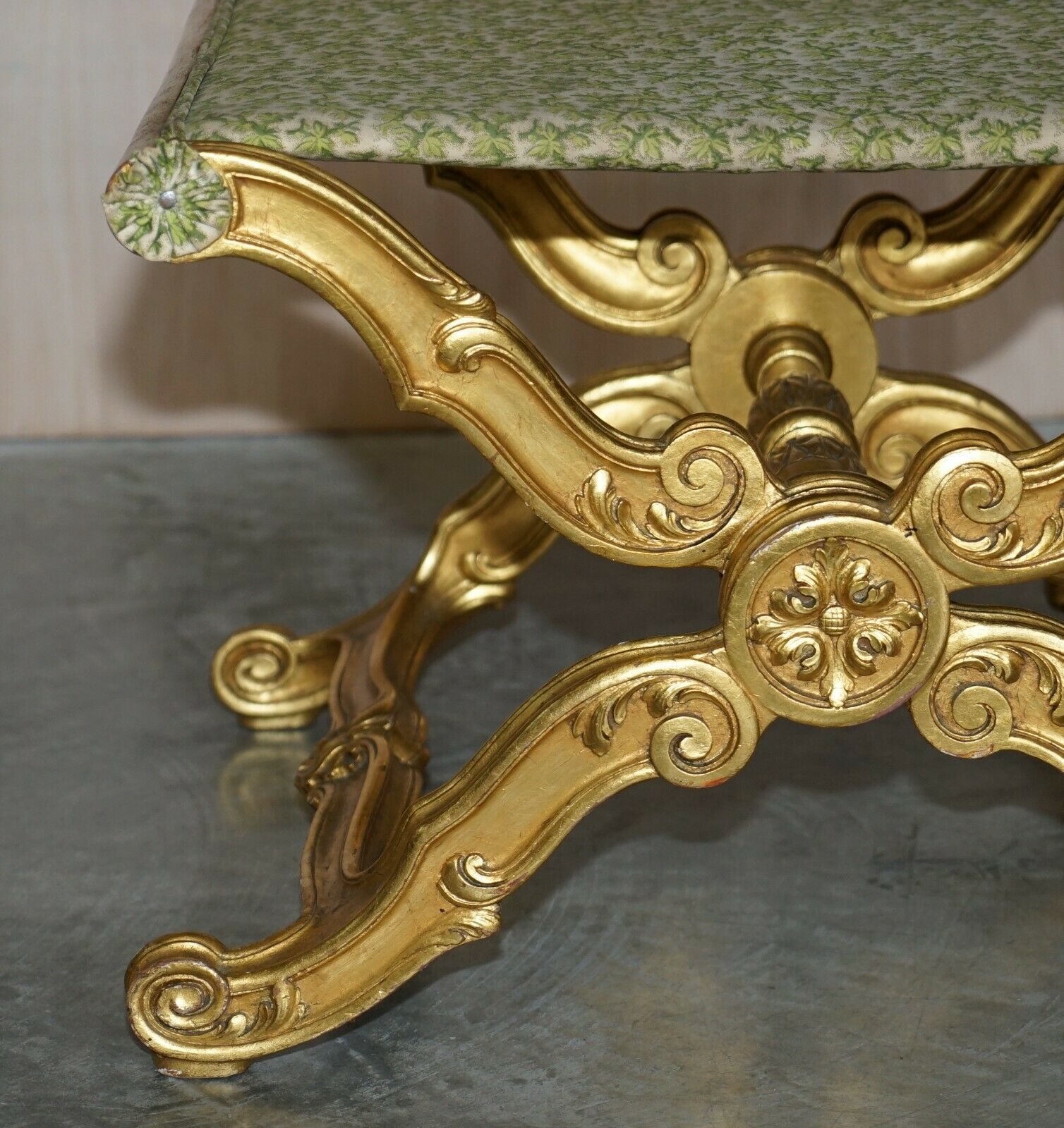 Stunning Antique 19th Century Hand Carved Giltwood Pliant X Frame Folding Stool photo for sale