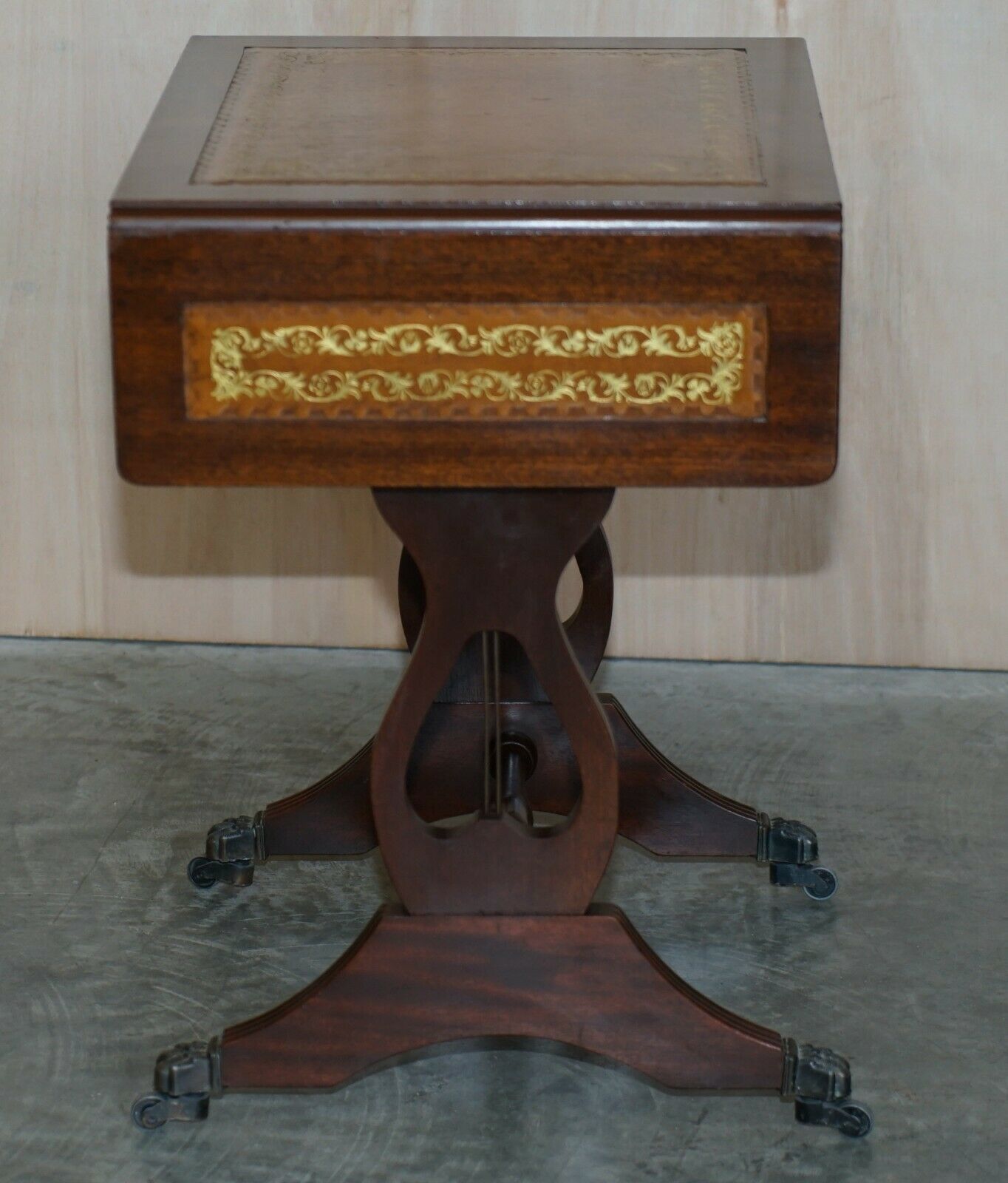Vintage Brown Leather Gold Leaf Side End Table Extending Top Great Games Table photo buy