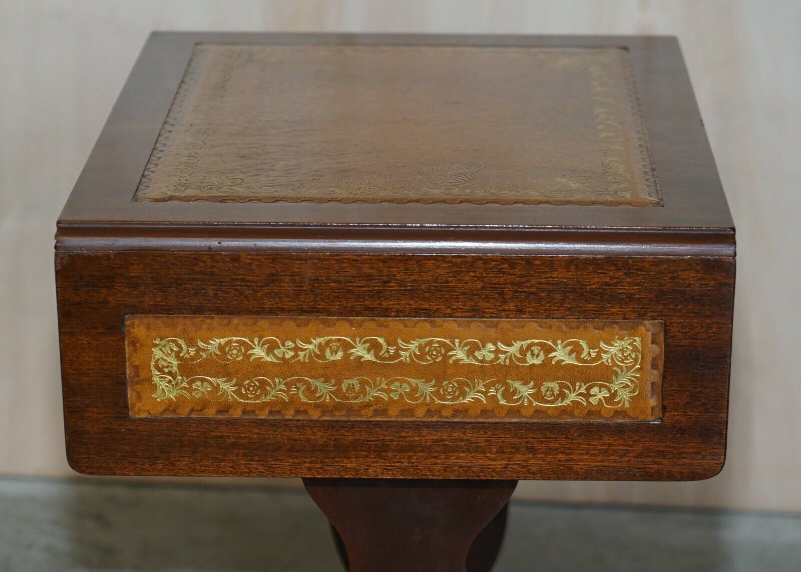 Vintage Brown Leather Gold Leaf Side End Table Extending Top Great Games Table photo vintage