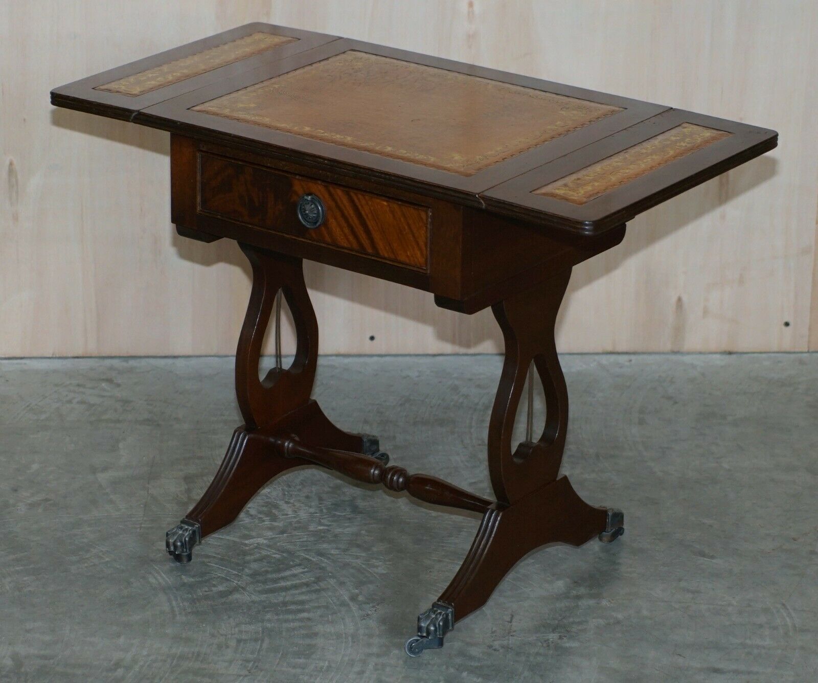 Furniture Vintage Brown Leather Gold Leaf Side End Table Extending Top Great Games Table photo