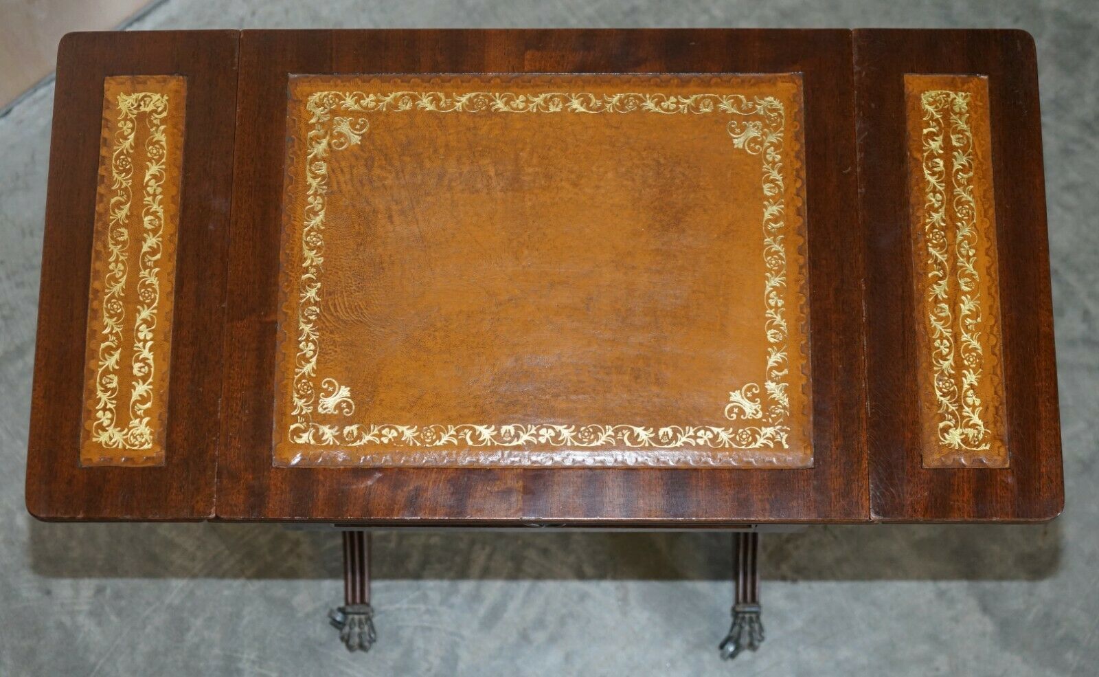 675.0 Vintage Brown Leather Gold Leaf Side End Table Extending Top Great Games Table photo