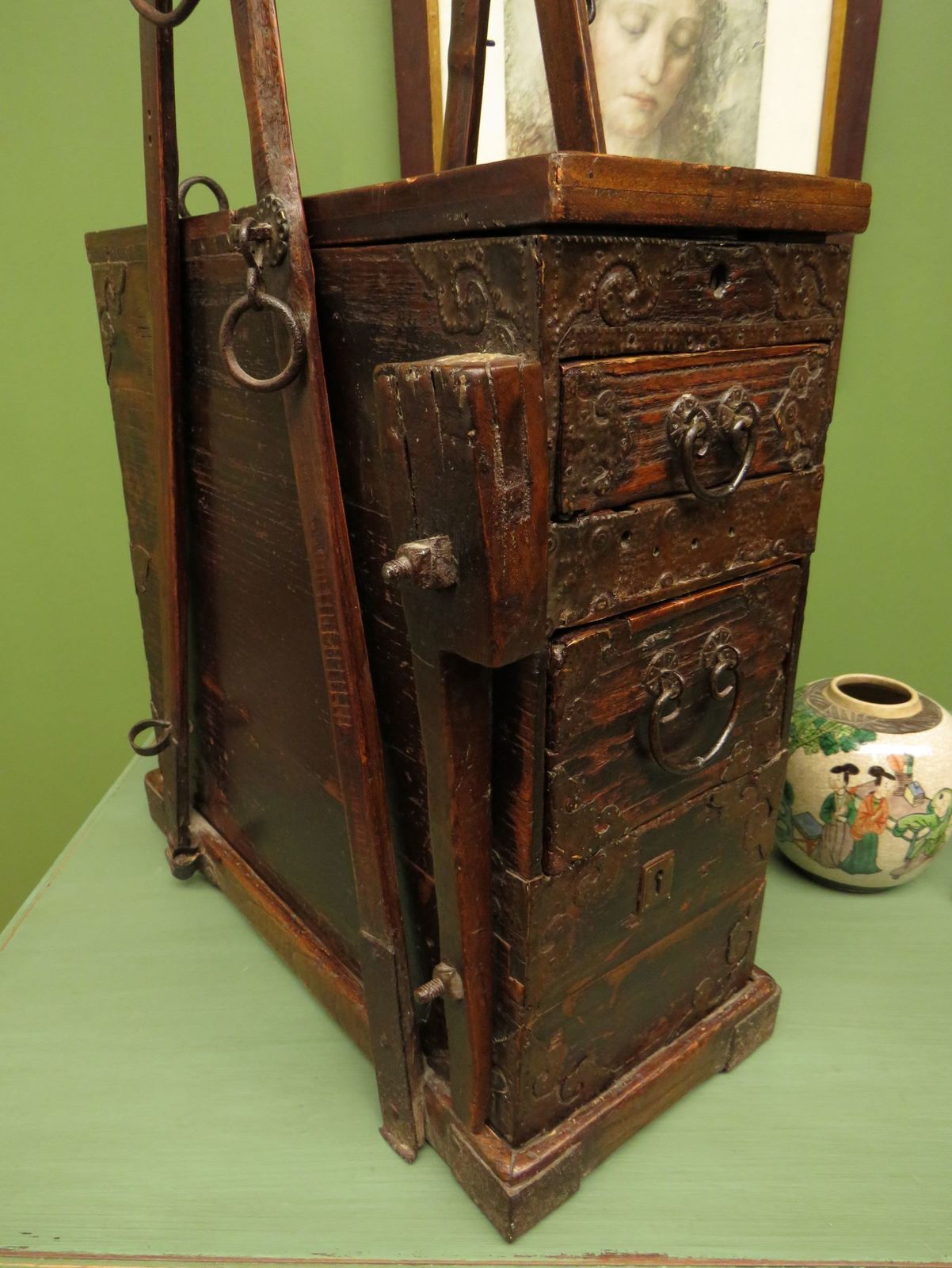 Rare Antique Japanese Wooden Merchants Or Calligraphy Chest With Stand