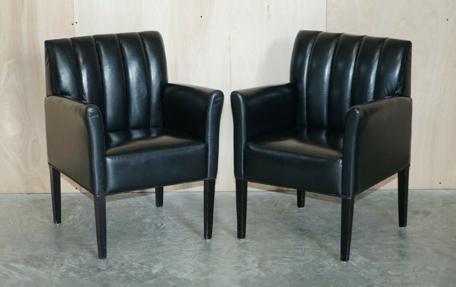Pair Of Restored Art Deco Mid Century Modern Style Fluted Back Leather Armchair