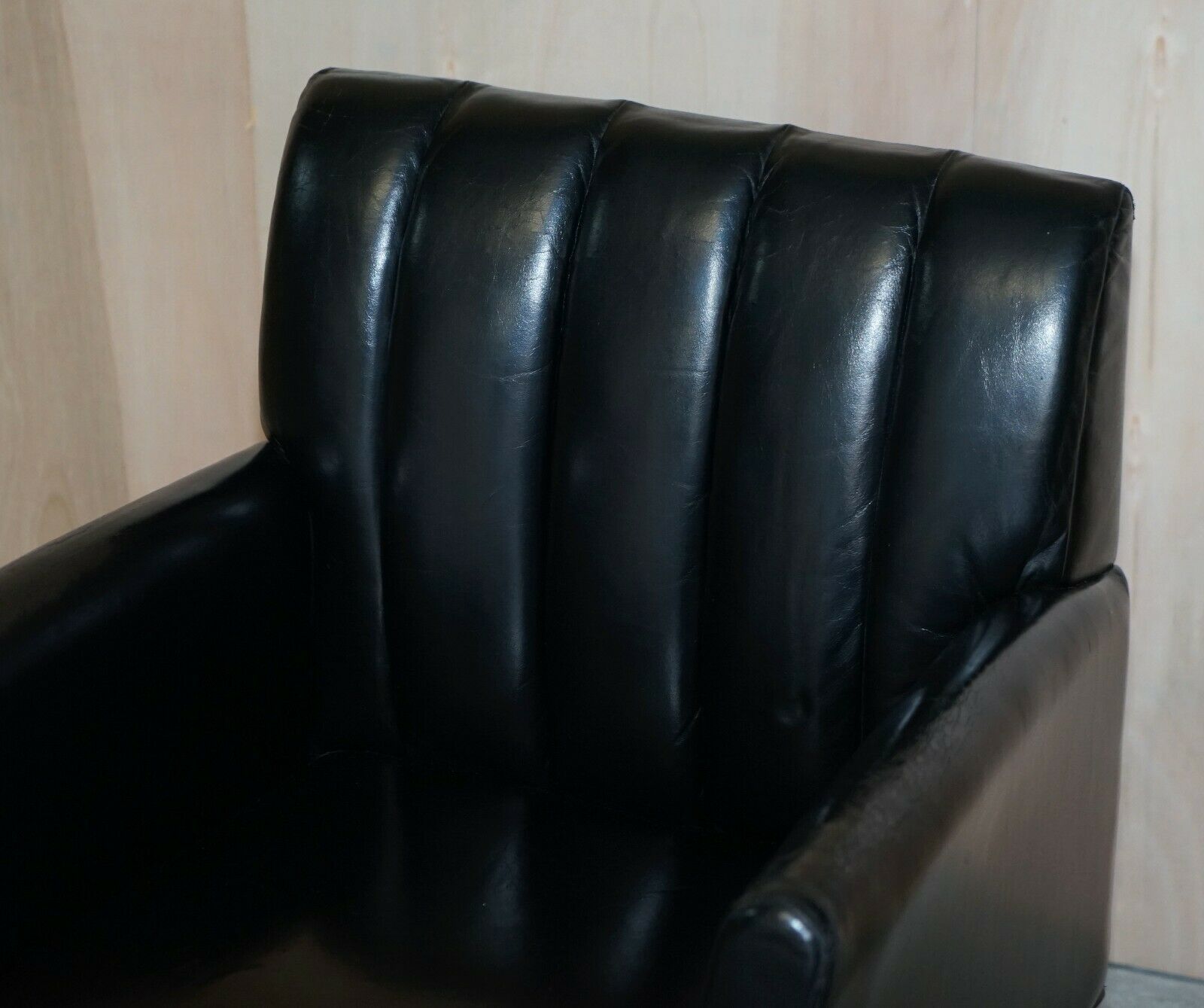 Pair Of Restored Art Deco Mid Century Modern Style Fluted Back Leather Armchair photo Furniture