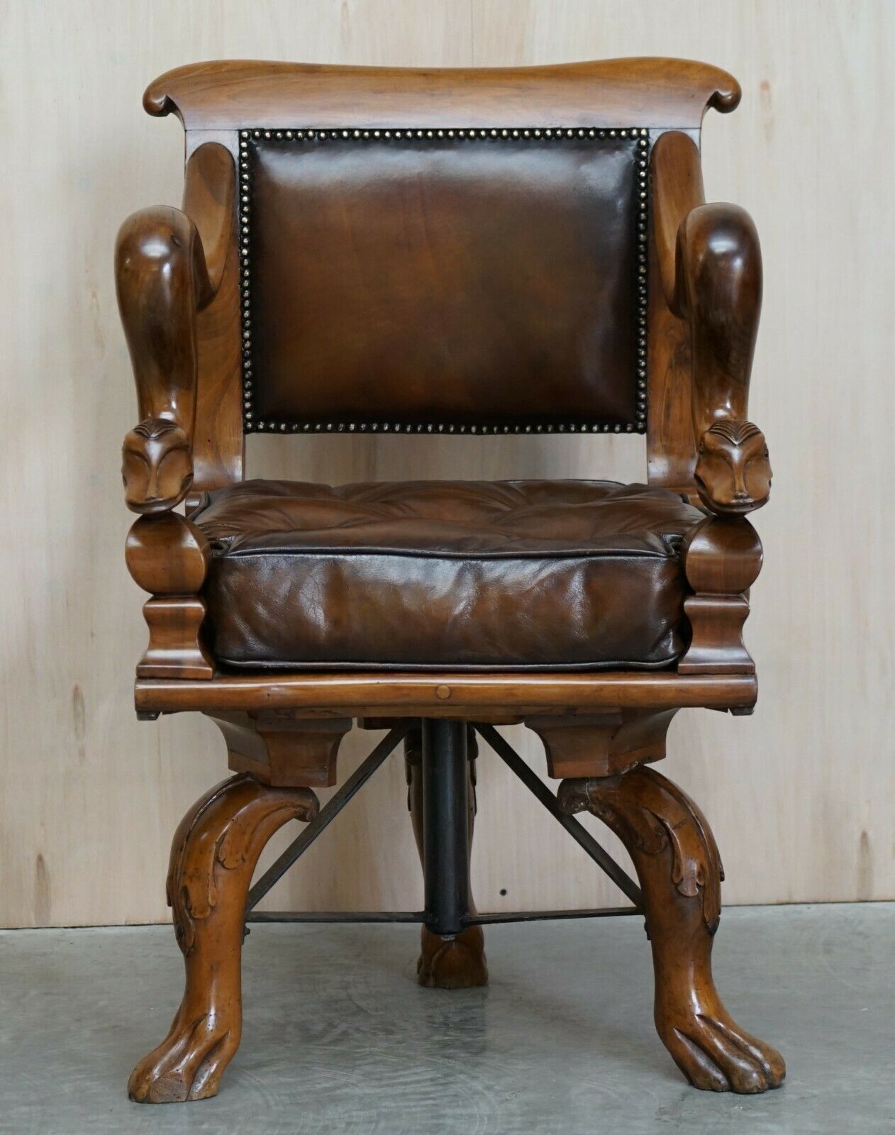Antique Dolphin Arm Venetian Grotto Swivel Brown Leather Chesterfield Armchair photo furniture