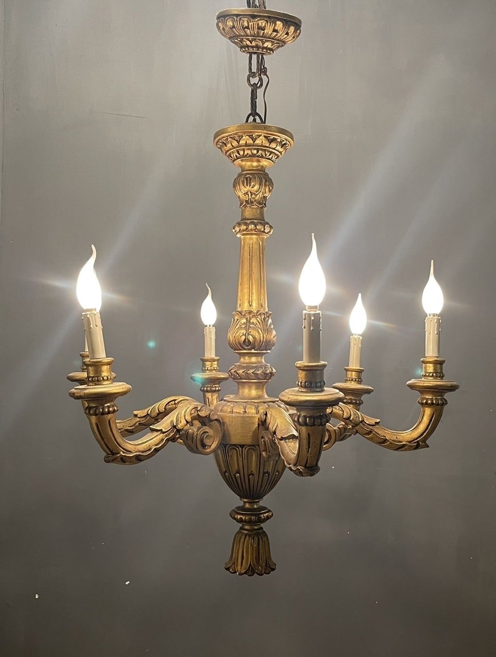 photo for sale Italian Large Gold Gilded Wooden Chandelier