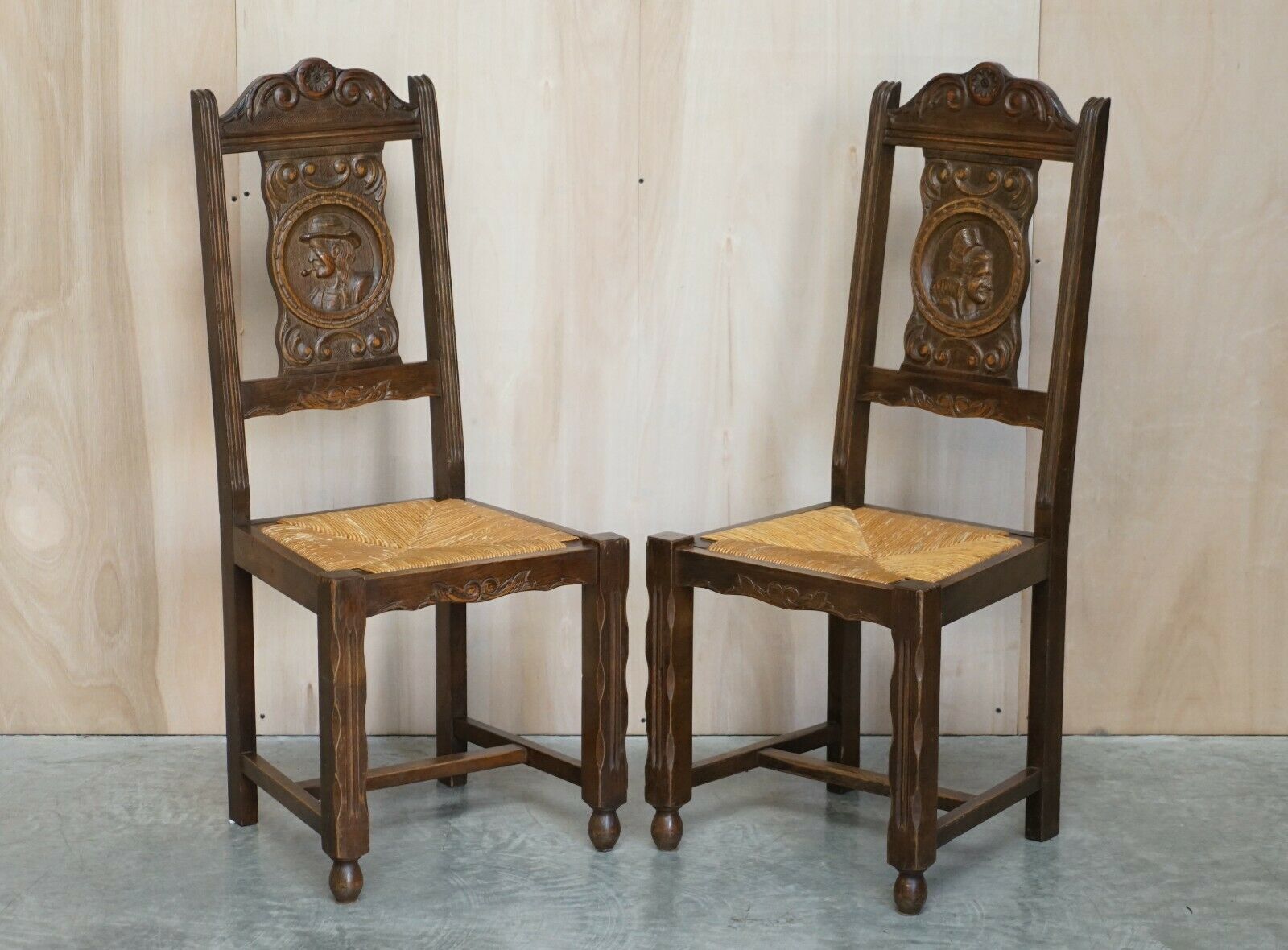 Stunning Pair Of Antique Circa 1920 Rush Seat Hand Carved Oak Brittany Chairs