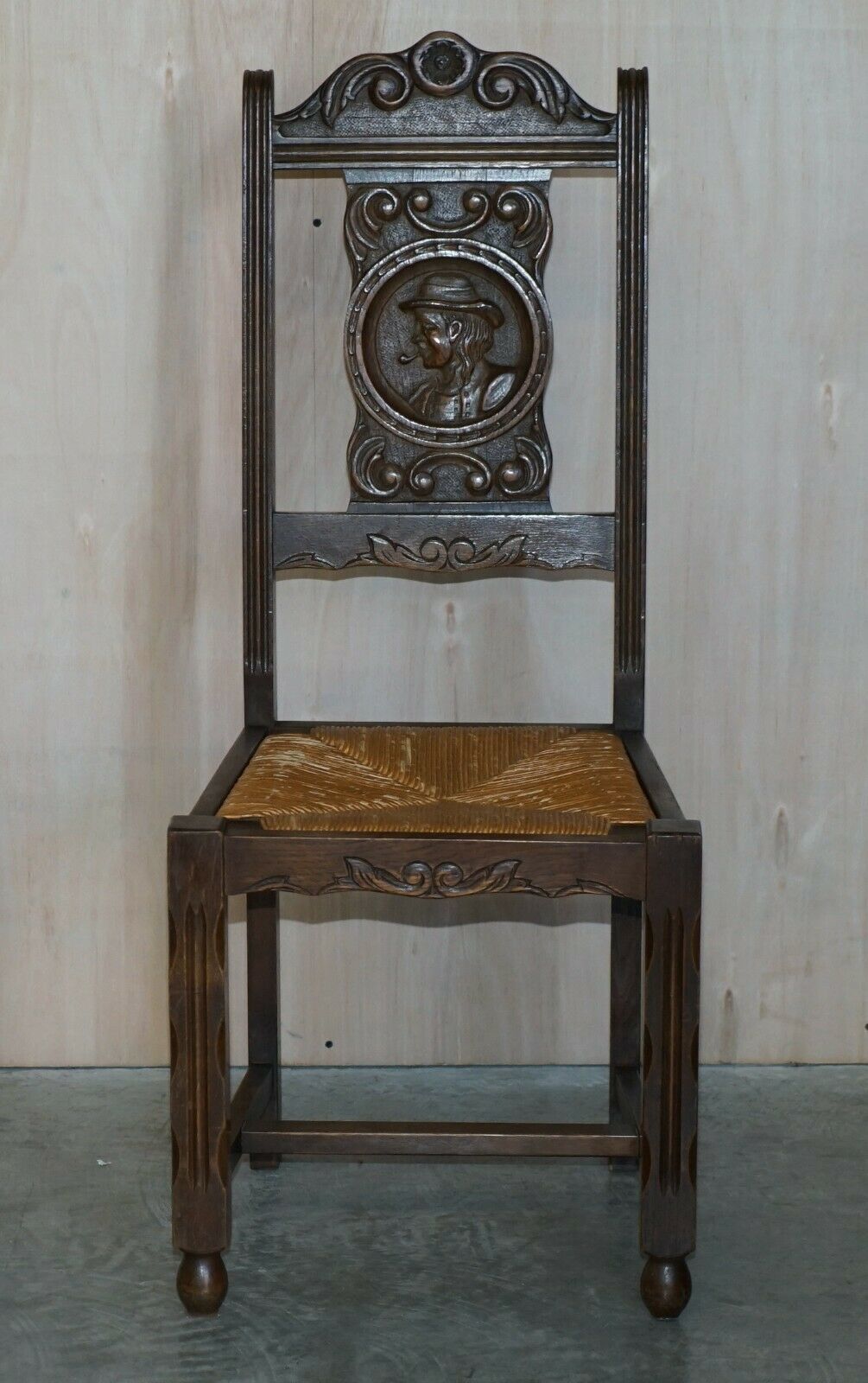 Stunning Pair Of Antique Circa 1920 Rush Seat Hand Carved Oak Brittany Chairs photo for sale
