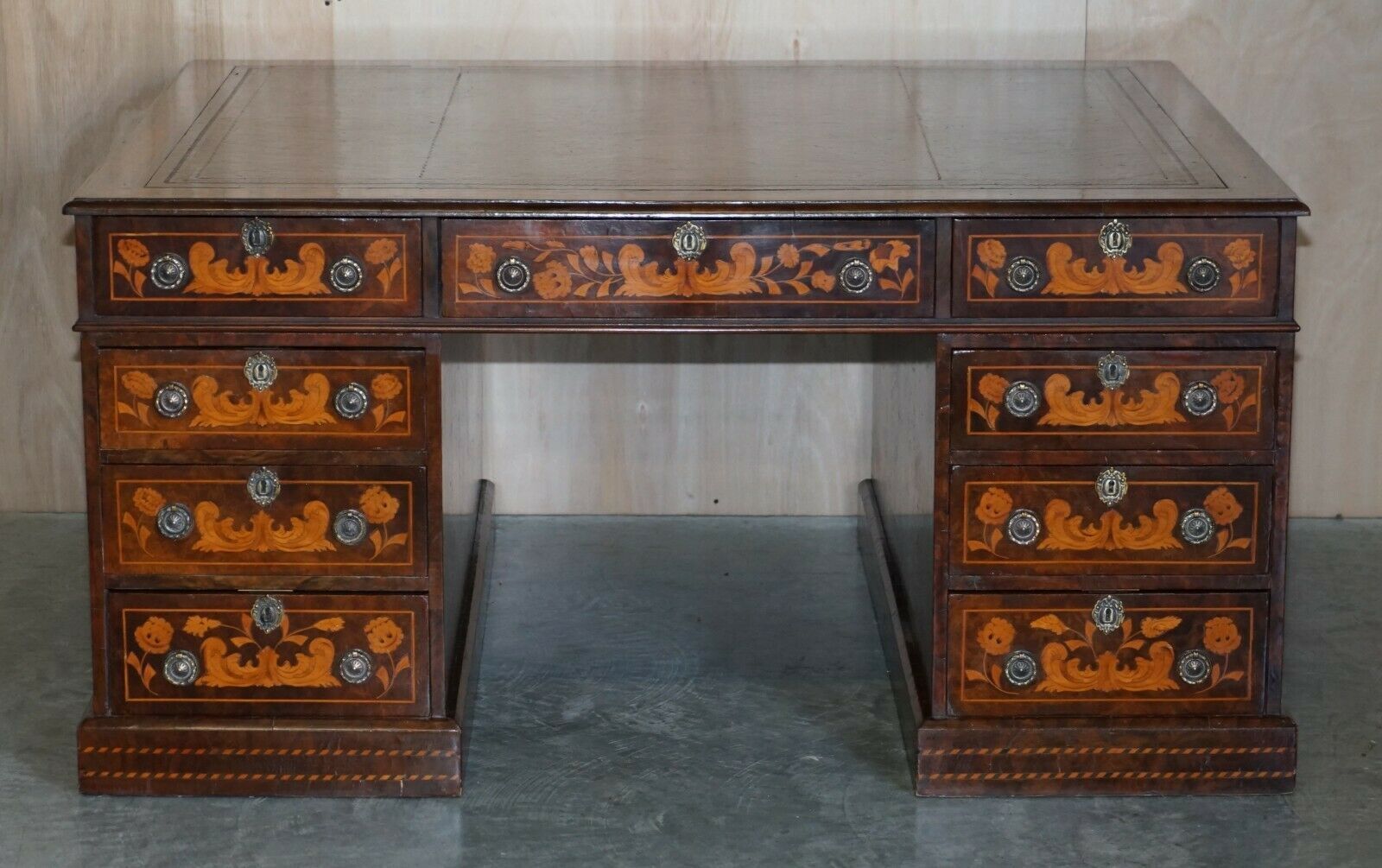 Antique Restored Dutch Marquetry Inlaid Double Sided Twin Pedestal Partners Desk photo furniture